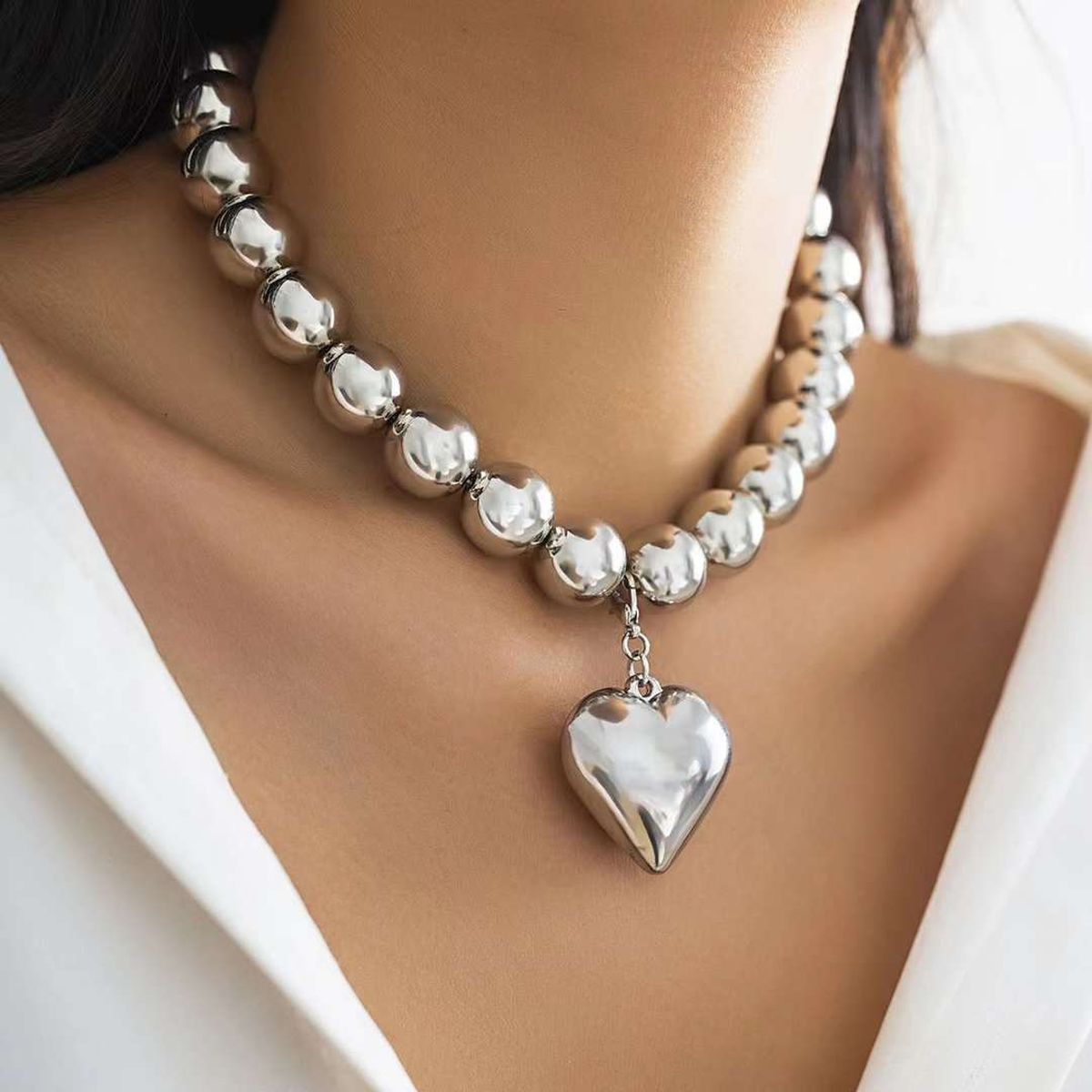Glossy Beads Balls Love Heart White Silver Anti Tarnish Necklace Bulk Main image