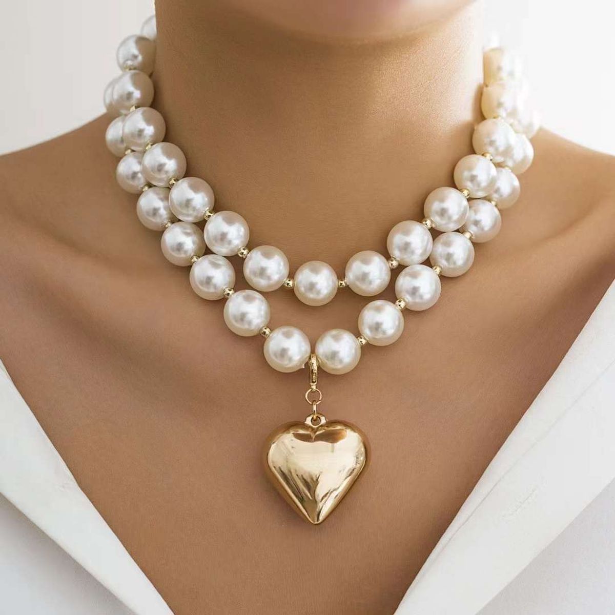 Love Heart Pearl White 18K Gold Anti Tarnish Dual Layer Necklace Bulk Main image