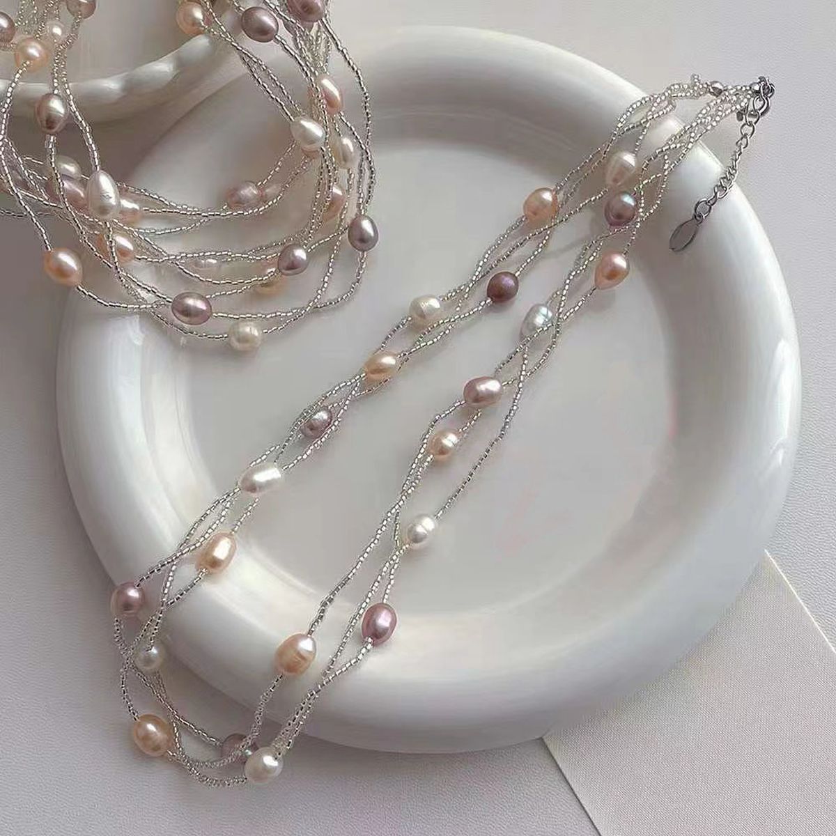 Dual Layer Pearl Silver Anti Tarnish Layer Necklace For Women Bulk