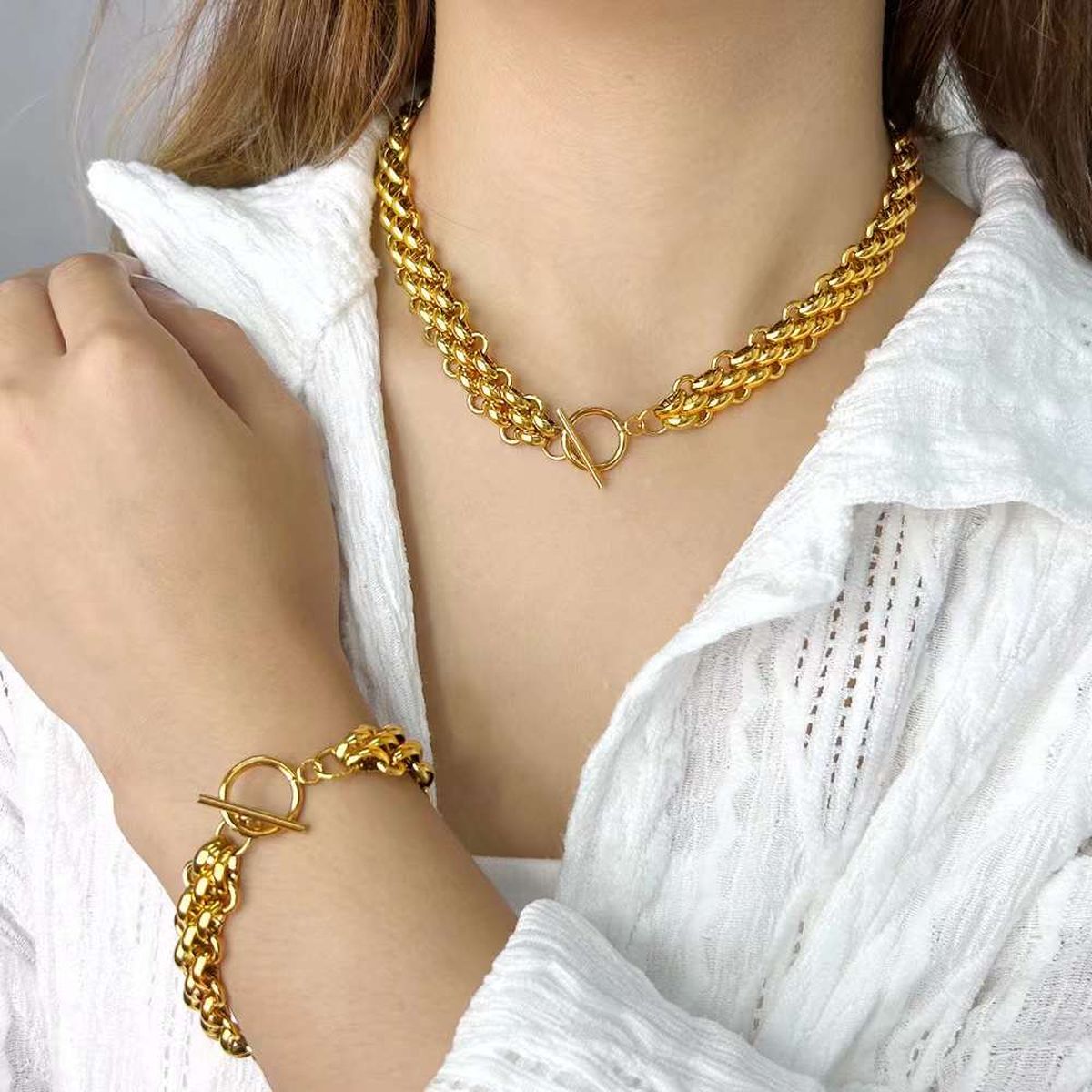 Triple Layer 18K Gold Anti Tarnish Stainless Steel Toggle Clasp Necklace Chain for Men & Women