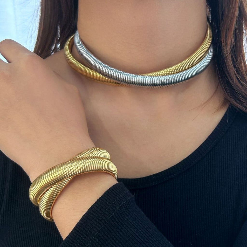 Dual Wrap Layer Snake Smooth 18K Gold Anti Tarnish Stainless Steel Choker Necklace For Women