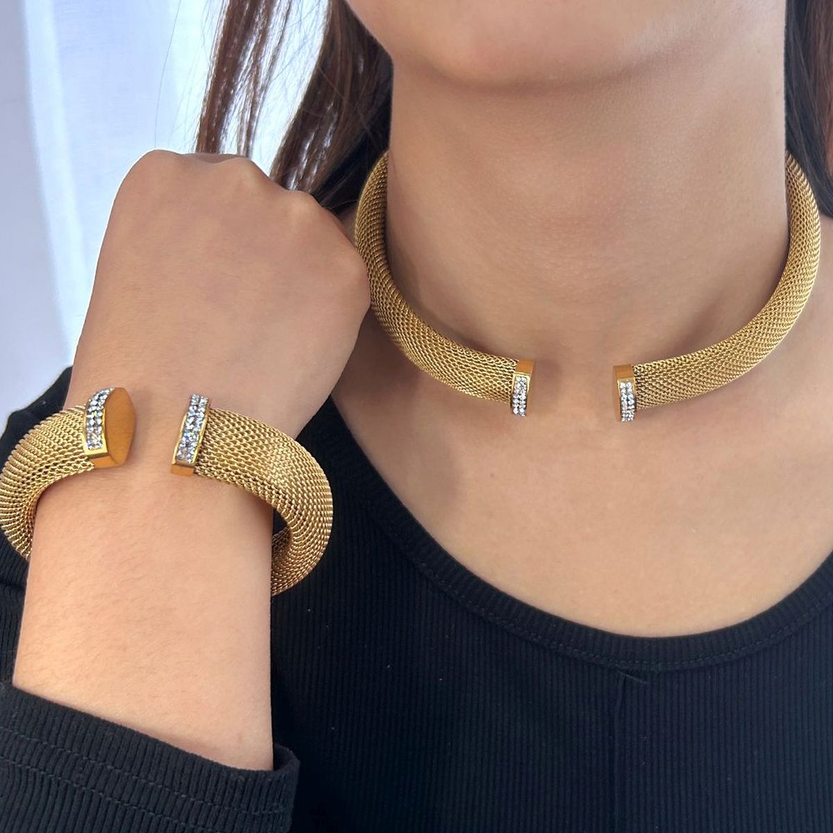 Mesh CZ 18K Gold Anti Tarnish Stainless Steel Choker Necklace Bulk Secondary image