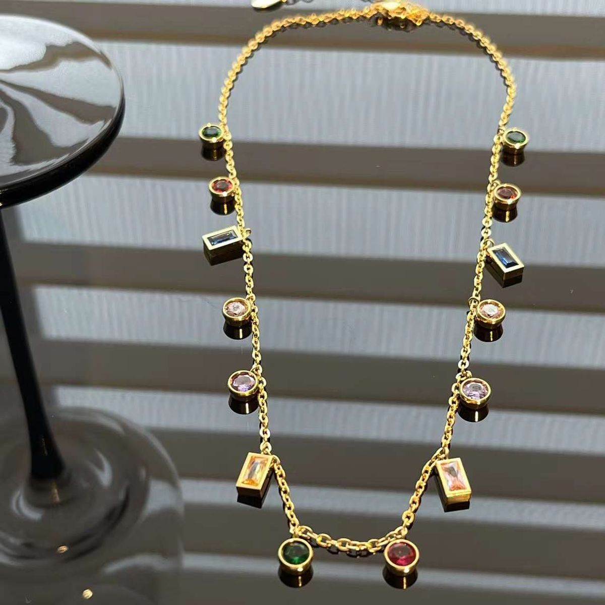 Rainbow Multi Color Charms Cubic Zirconia 18K Gold Necklace Chain Bulk