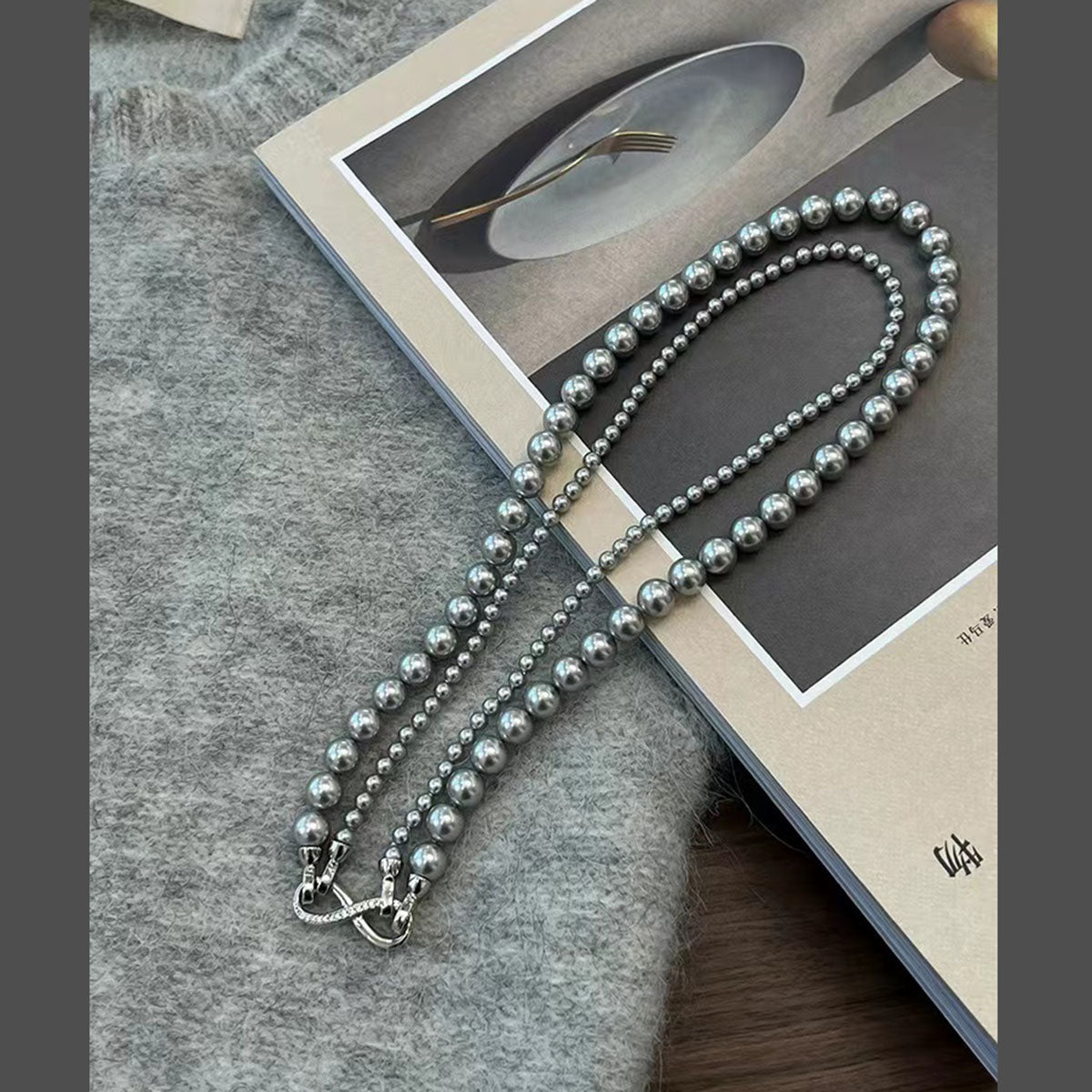 Silver Pearl Infinity Dual Strand Beaded Necklace Chain for Women Main image