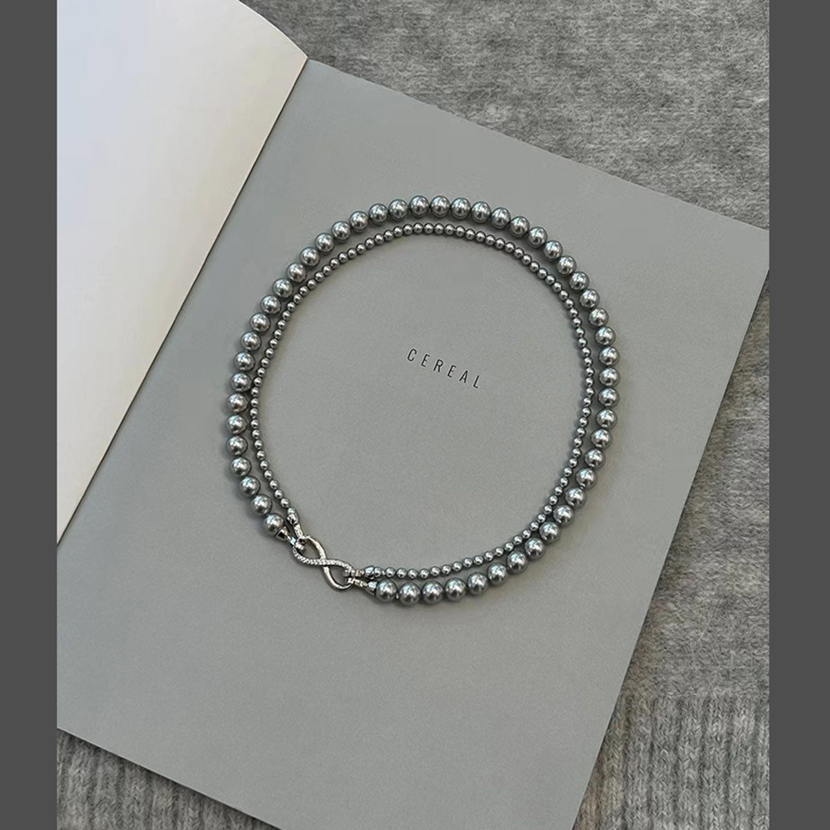 Silver Pearl Infinity Dual Strand Beaded Necklace Chain for Women