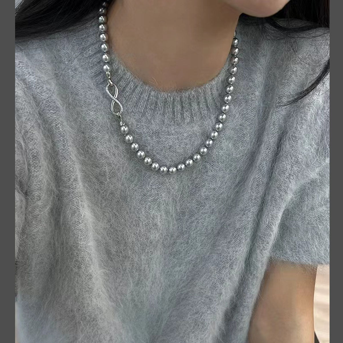 Silver Pearl Infinity Dual Strand Beaded Necklace Chain for Women