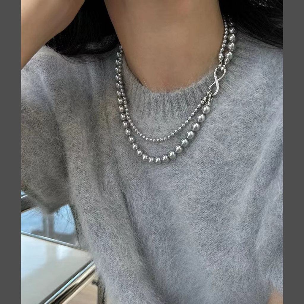 Silver Pearl Infinity Dual Strand Beaded Necklace Chain for Women