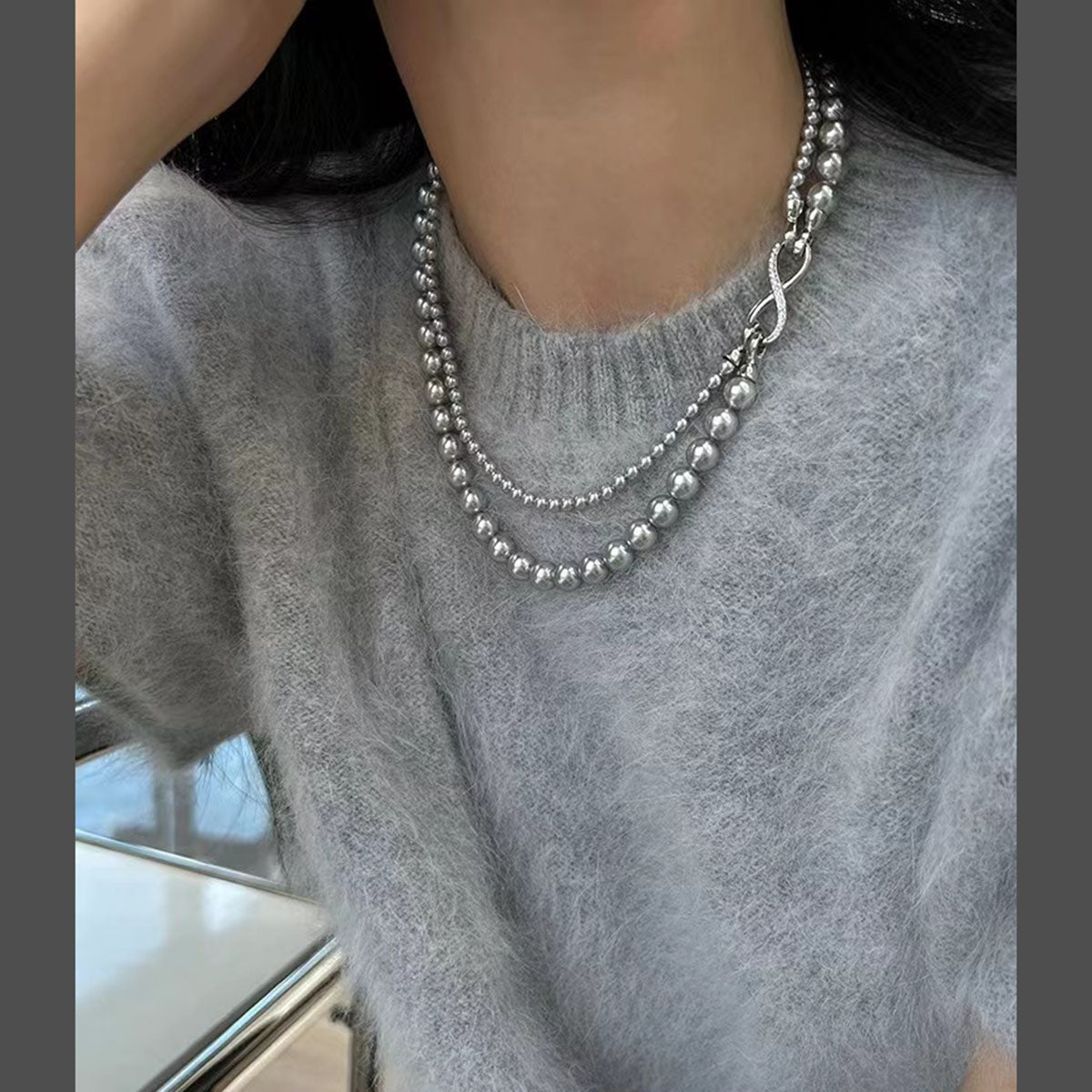 Silver Pearl Infinity Dual Strand Beaded Necklace Chain for Women