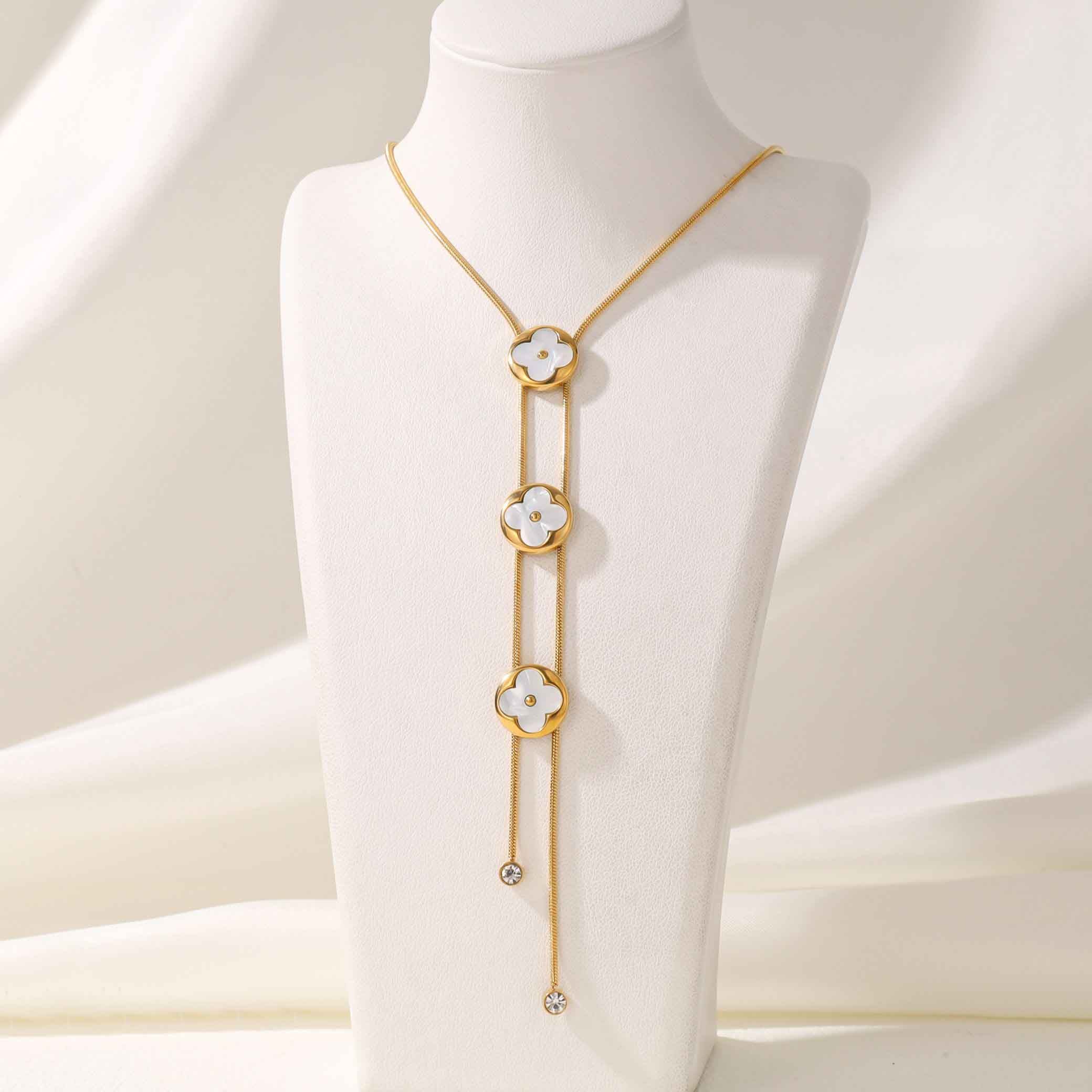 Clover Flower Cubic Zirconia Mother Of Pearl White 18K Gold Anti Tarnish Stainless Steel Y Necklace Chain For Women