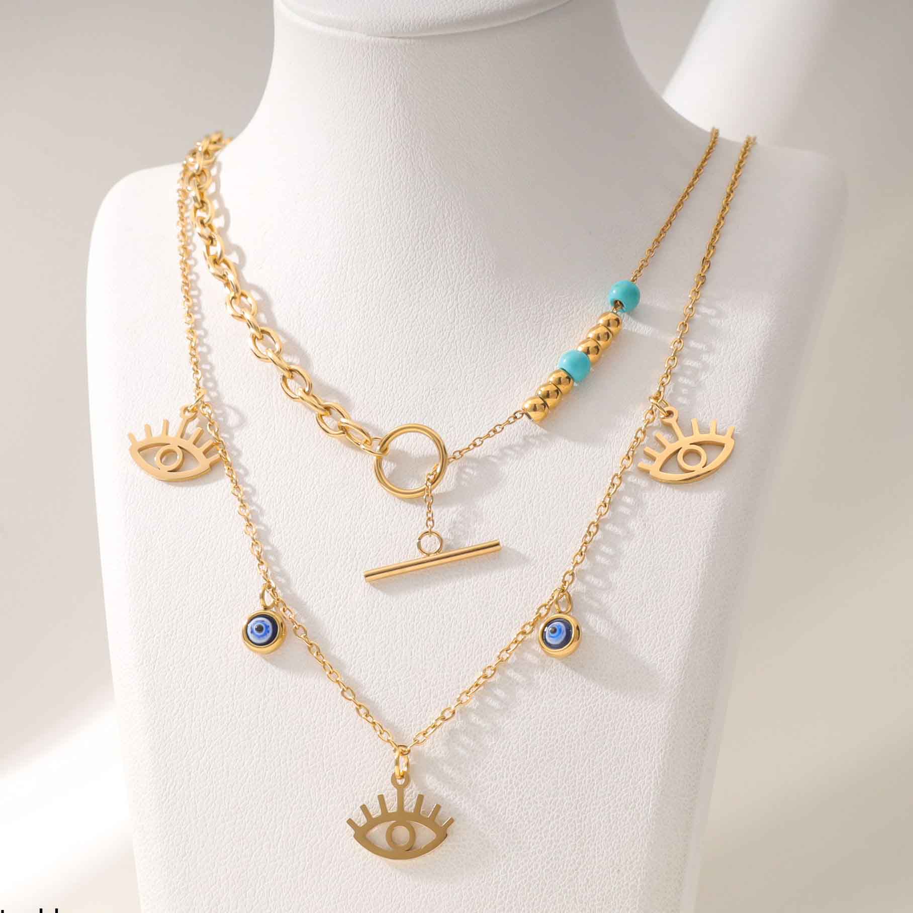 Dual Layer Evil Eye Blue Green 18K Gold Anti Tarnish Stainless Steel Dual Layer Necklace For Women Main image