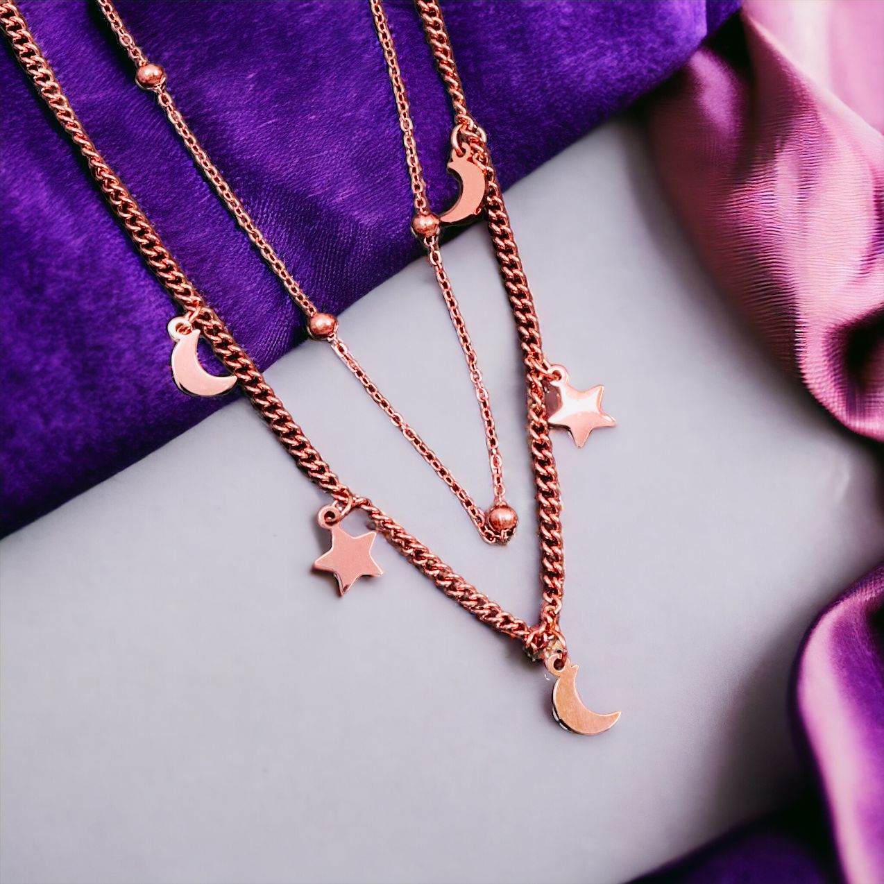 Star Moon 18K Rose Gold Anti Tarnish Stainless Steel Necklace Layer Chain For Women Secondary image