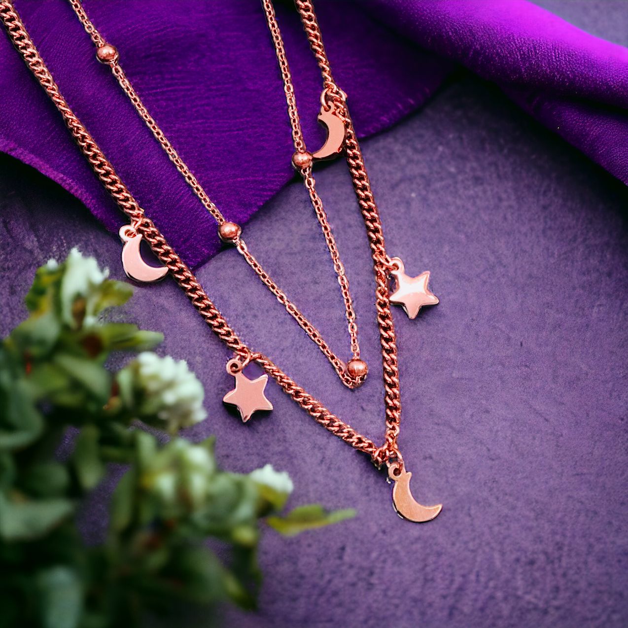 Star Moon 18K Rose Gold Anti Tarnish Stainless Steel Necklace Layer Chain For Women