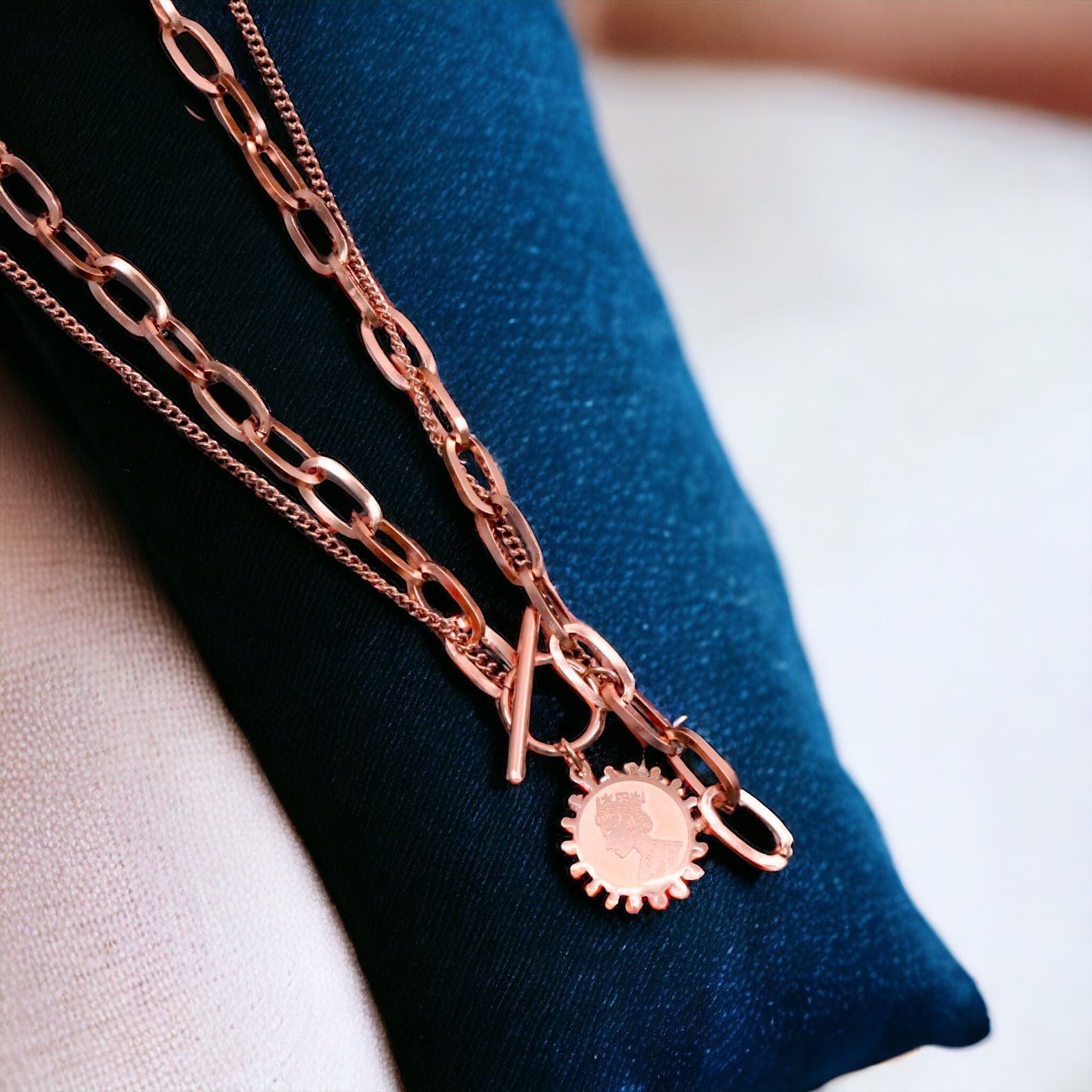Queen Elizabeth Coin 1K Rose Gold Anti Tarnish Stainless Steel Necklace Layer Chain For Women Main image