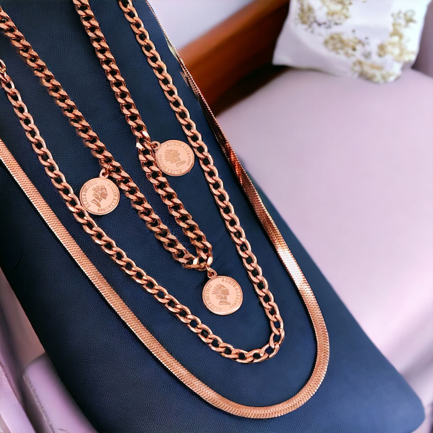 Queen Elizabeth Coin 18K Rose Gold Anti Tarnish Stainless Steel Curb Necklace Layer Chain For Women Main image
