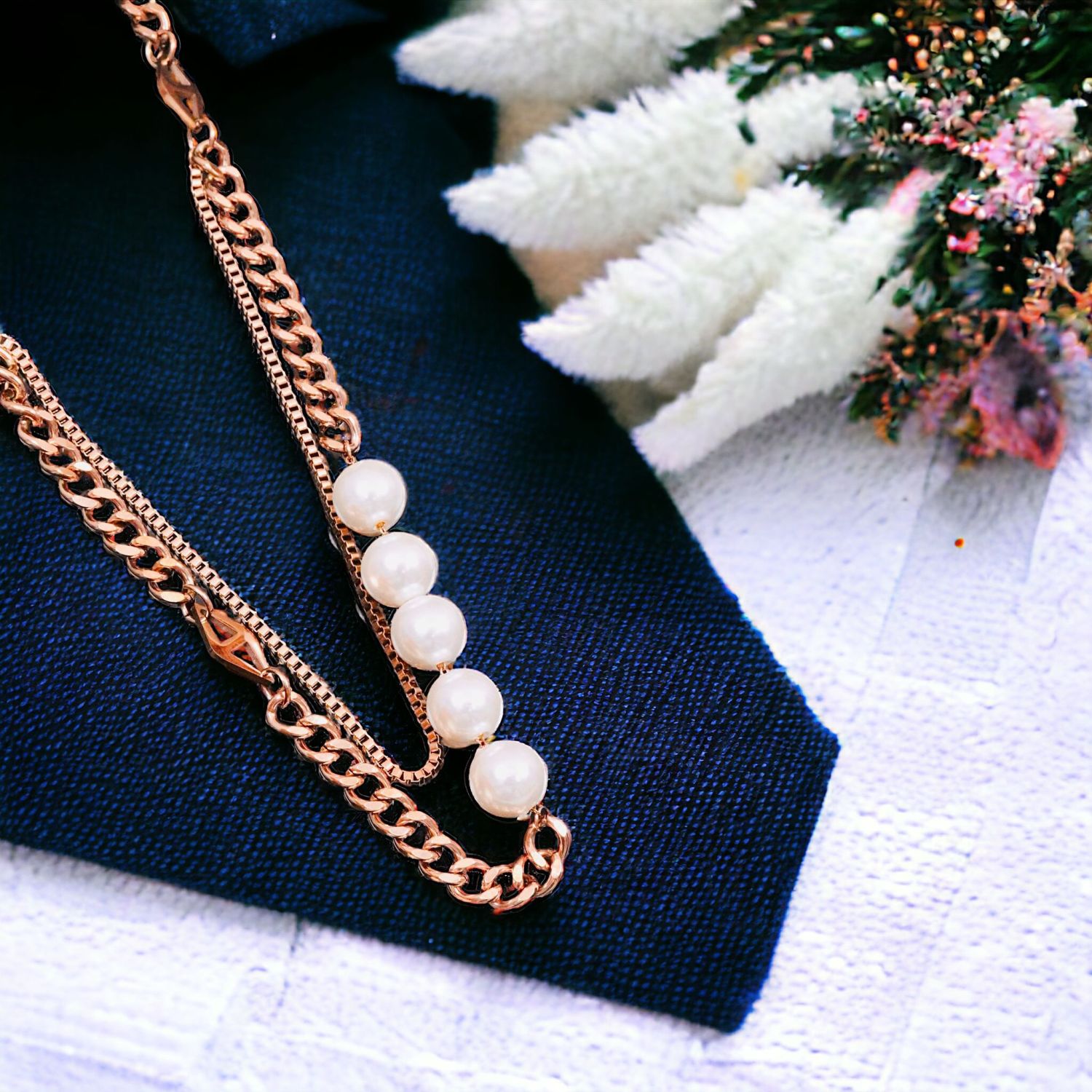 Curb White 18K Rose Gold Pearl Anti Tarnish Stainless Steel Necklace Layer Chain For Women Main image
