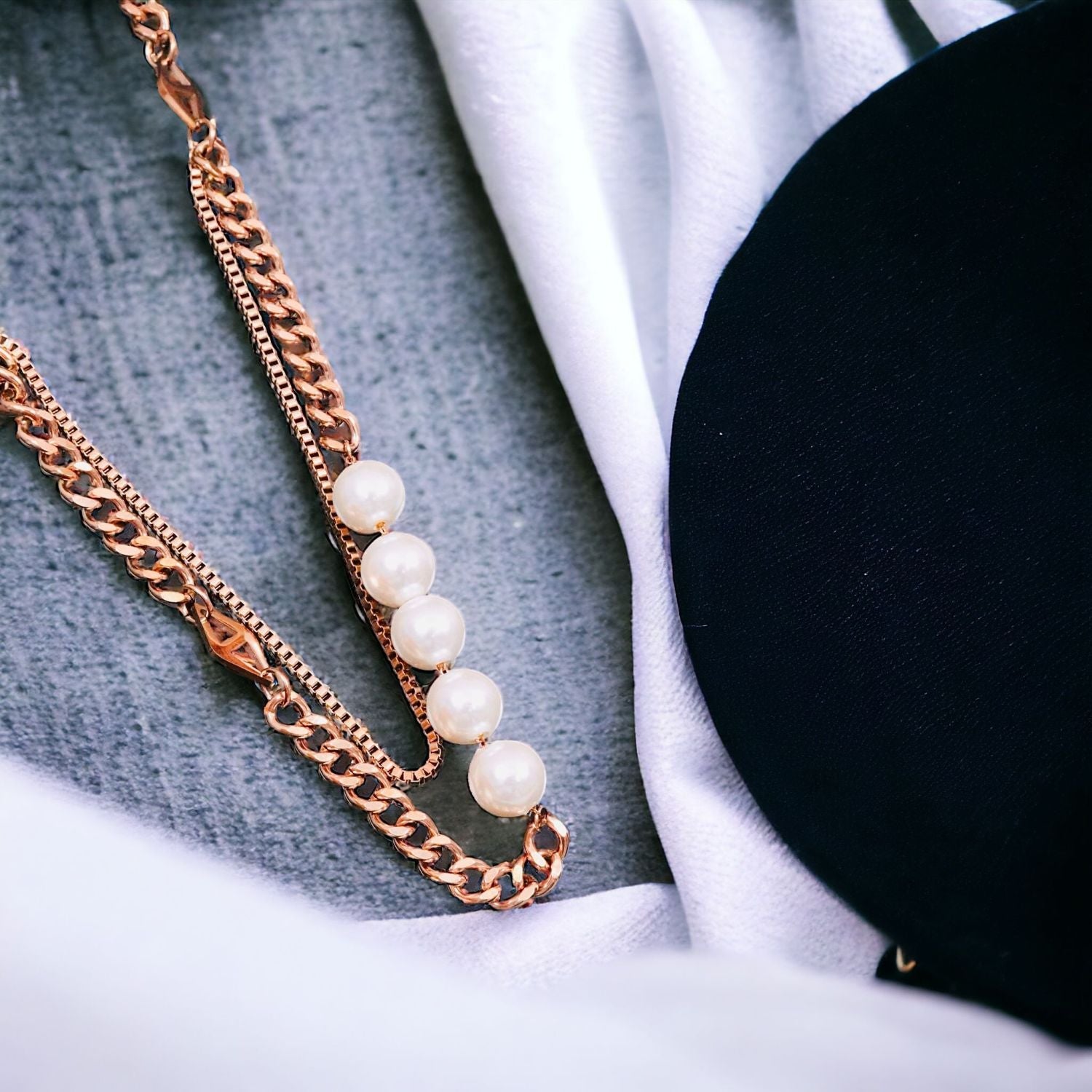Curb White 18K Rose Gold Pearl Anti Tarnish Stainless Steel Necklace Layer Chain For Women Secondary image