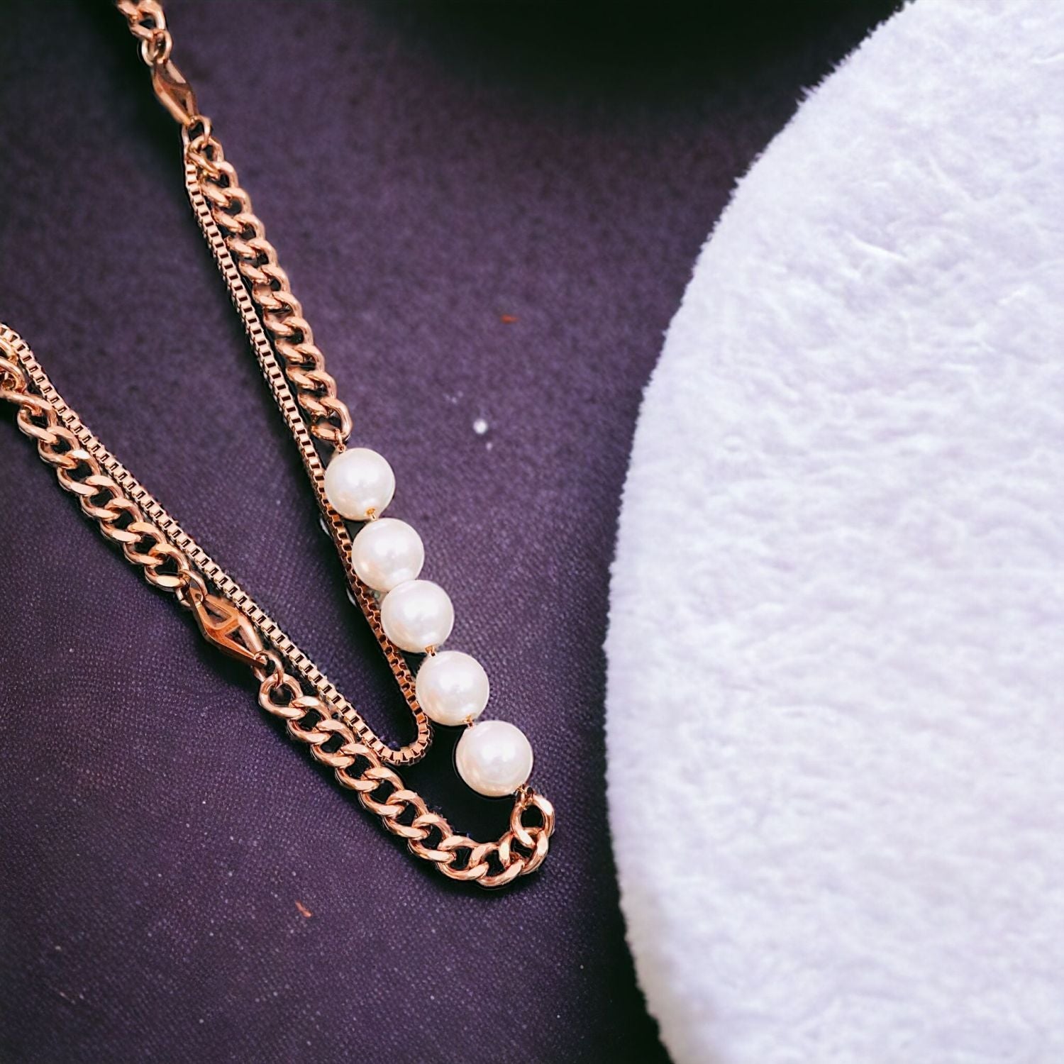 Curb White 18K Rose Gold Pearl Anti Tarnish Stainless Steel Necklace Layer Chain For Women