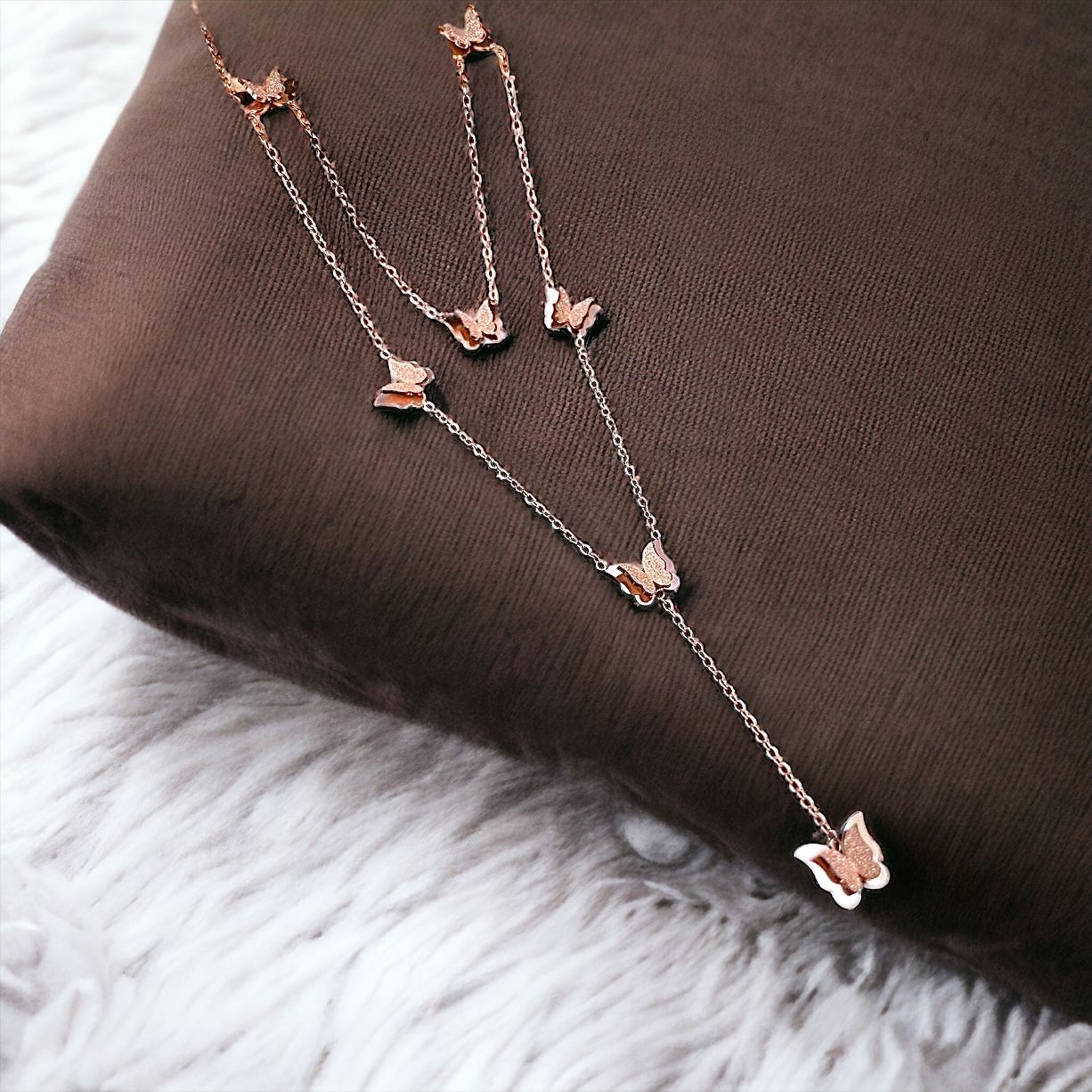 Butterfly 18K Rose Gold Anti Tarnish Stainless Steel Layer Y Necklace Chain For Women Main image