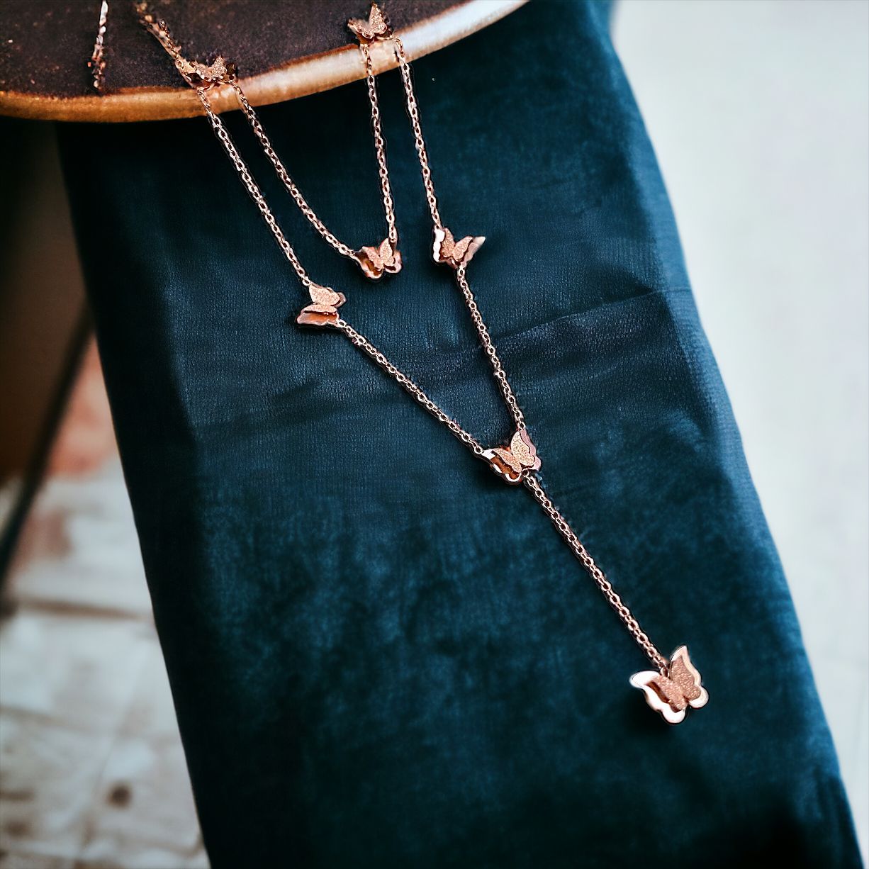 Butterfly 18K Rose Gold Anti Tarnish Stainless Steel Layer Y Necklace Chain For Women Secondary image