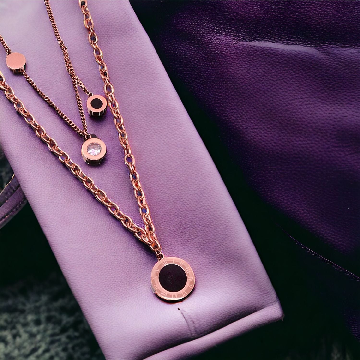Roman Black 18K Rose Gold Cubic Zirconia Anti Tarnish Stainless Steel Layer Necklace Chain For Women Main image