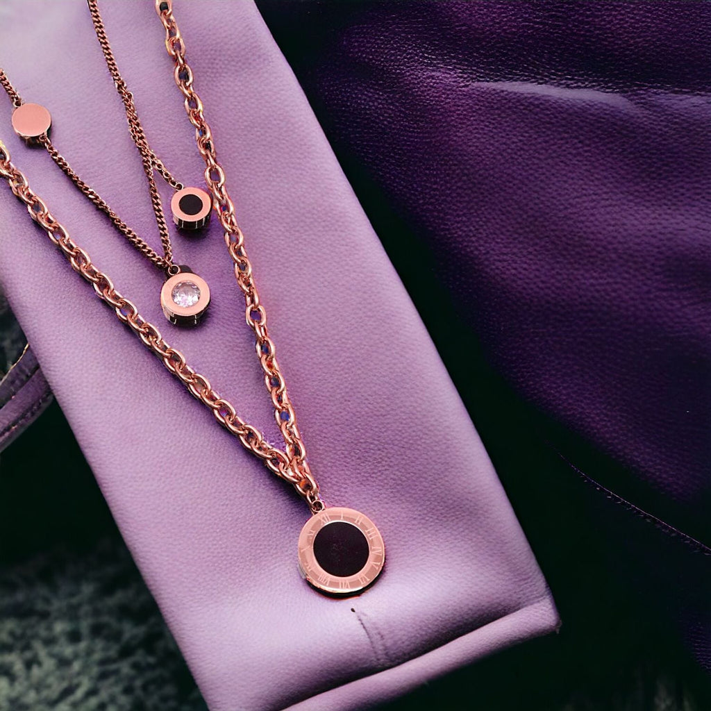 Roman Black 18K Rose Gold Cubic Zirconia Anti Tarnish Stainless Steel Layer Necklace Chain For Women