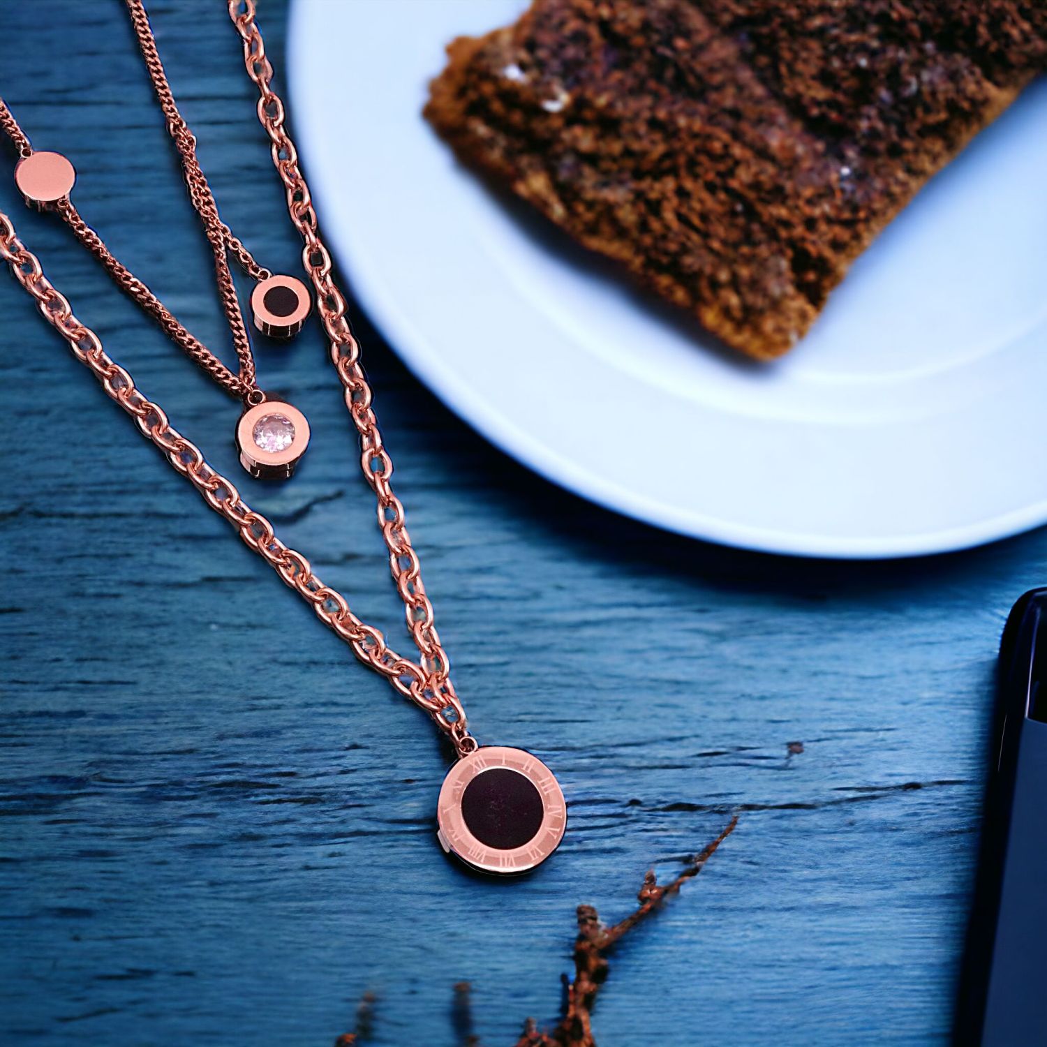 Roman Black 18K Rose Gold Cubic Zirconia Anti Tarnish Stainless Steel Layer Necklace Chain For Women Secondary image