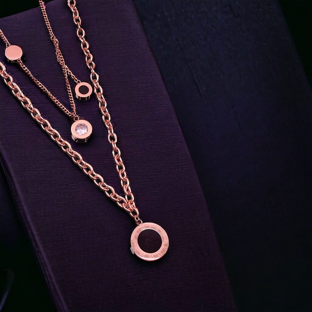 Roman Black 18K Rose Gold Cubic Zirconia Anti Tarnish Stainless Steel Layer Necklace Chain For Women