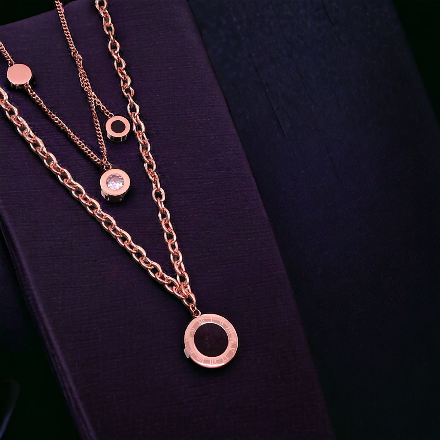 Roman Black 18K Rose Gold Cubic Zirconia Anti Tarnish Stainless Steel Layer Necklace Chain For Women