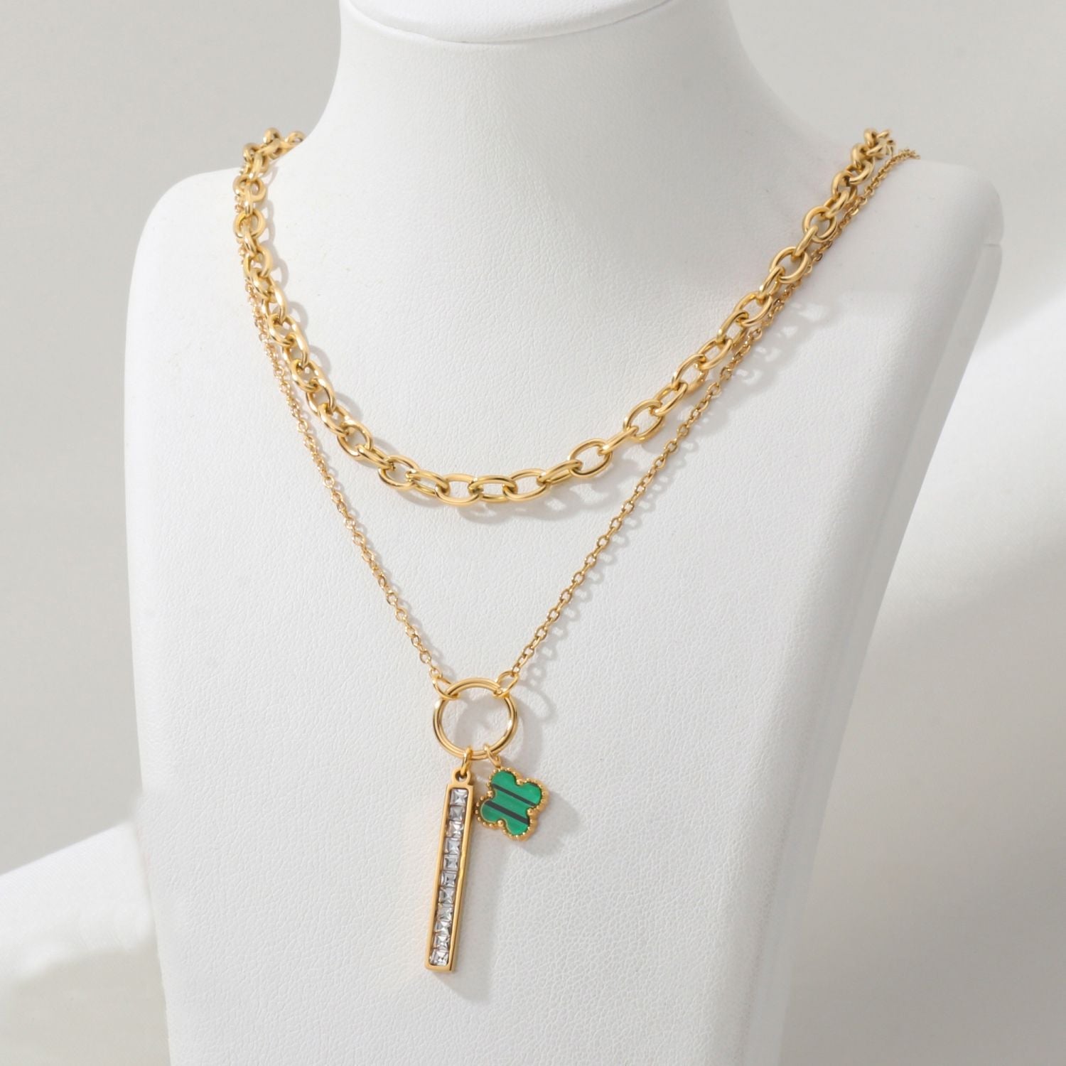 Clover Flower Green 18K Gold Cubic Zirconia Anti Tarnish Stainless Steel Layered Necklace Chain For Women