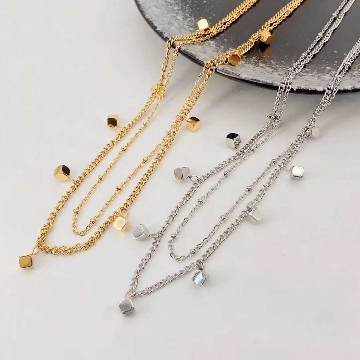 Dual Layer Gold Anti Tarnish Stainless Steel Charm Necklace Chain Bulk