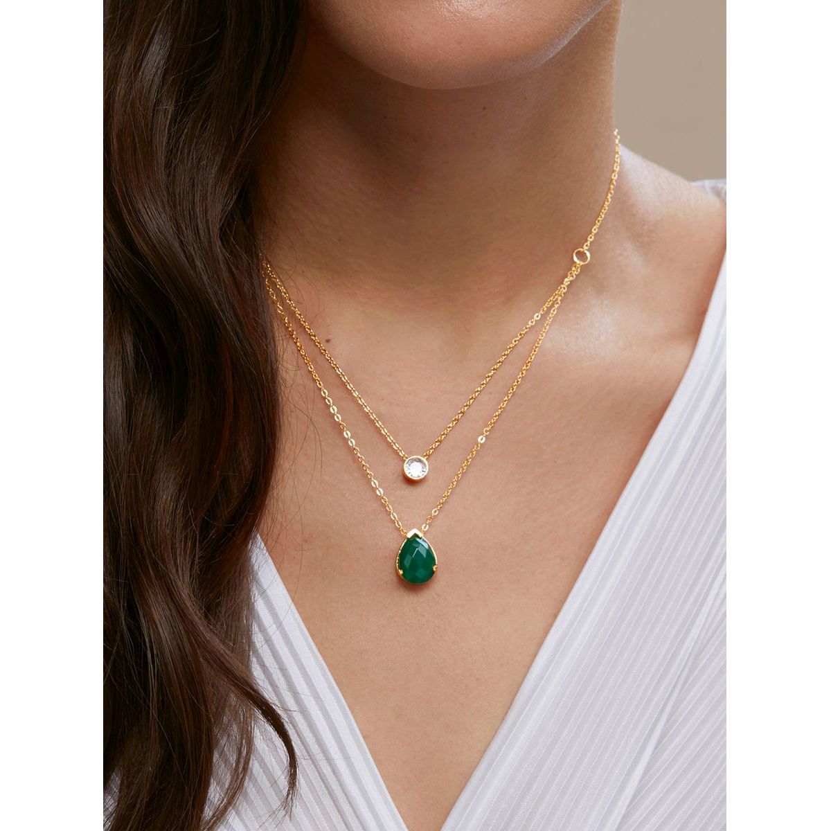 Copper Solitaires CZ Emerald Green Gold Link Chain Layer Necklace Bulk