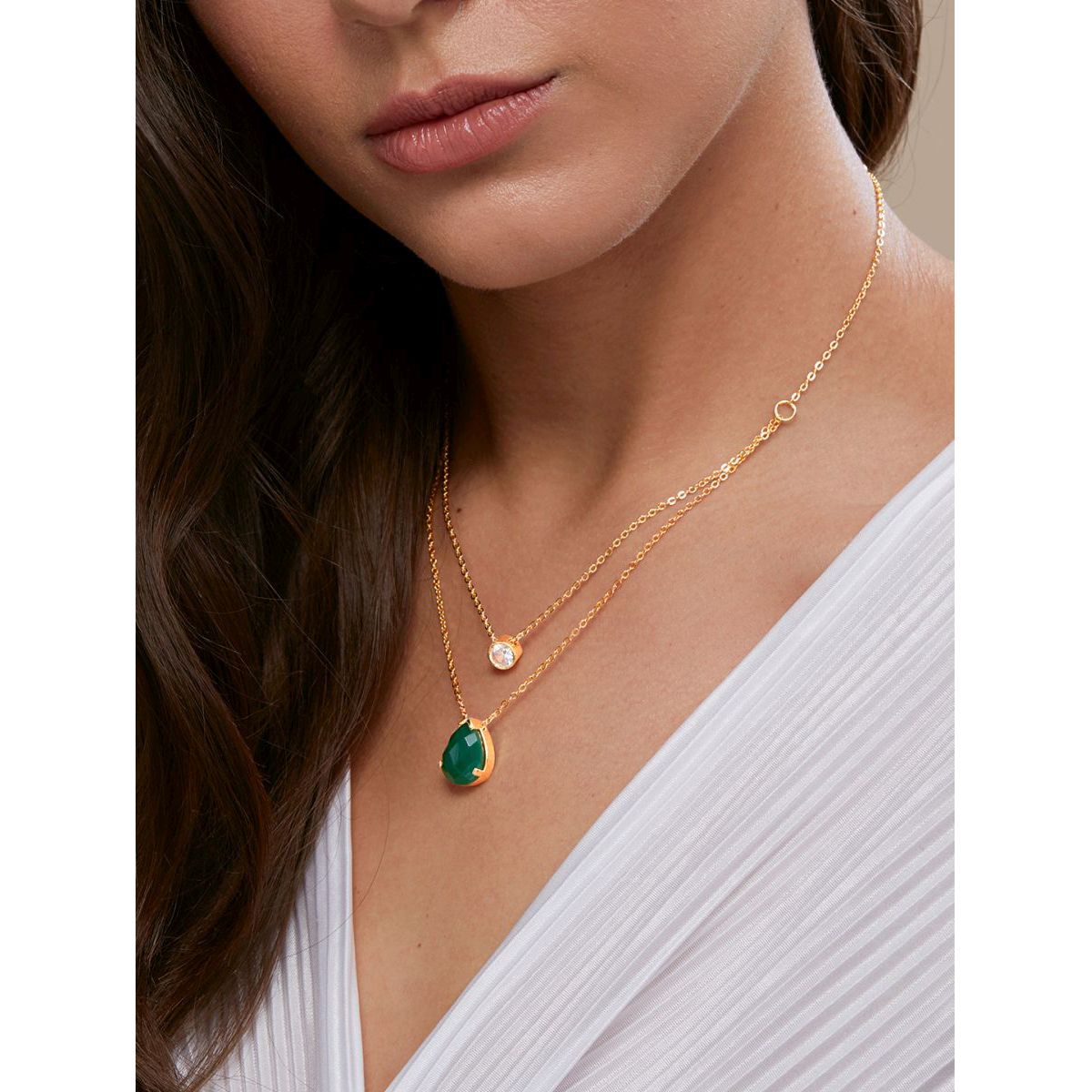 Copper Solitaires CZ Emerald Green Gold Link Chain Layer Necklace Bulk