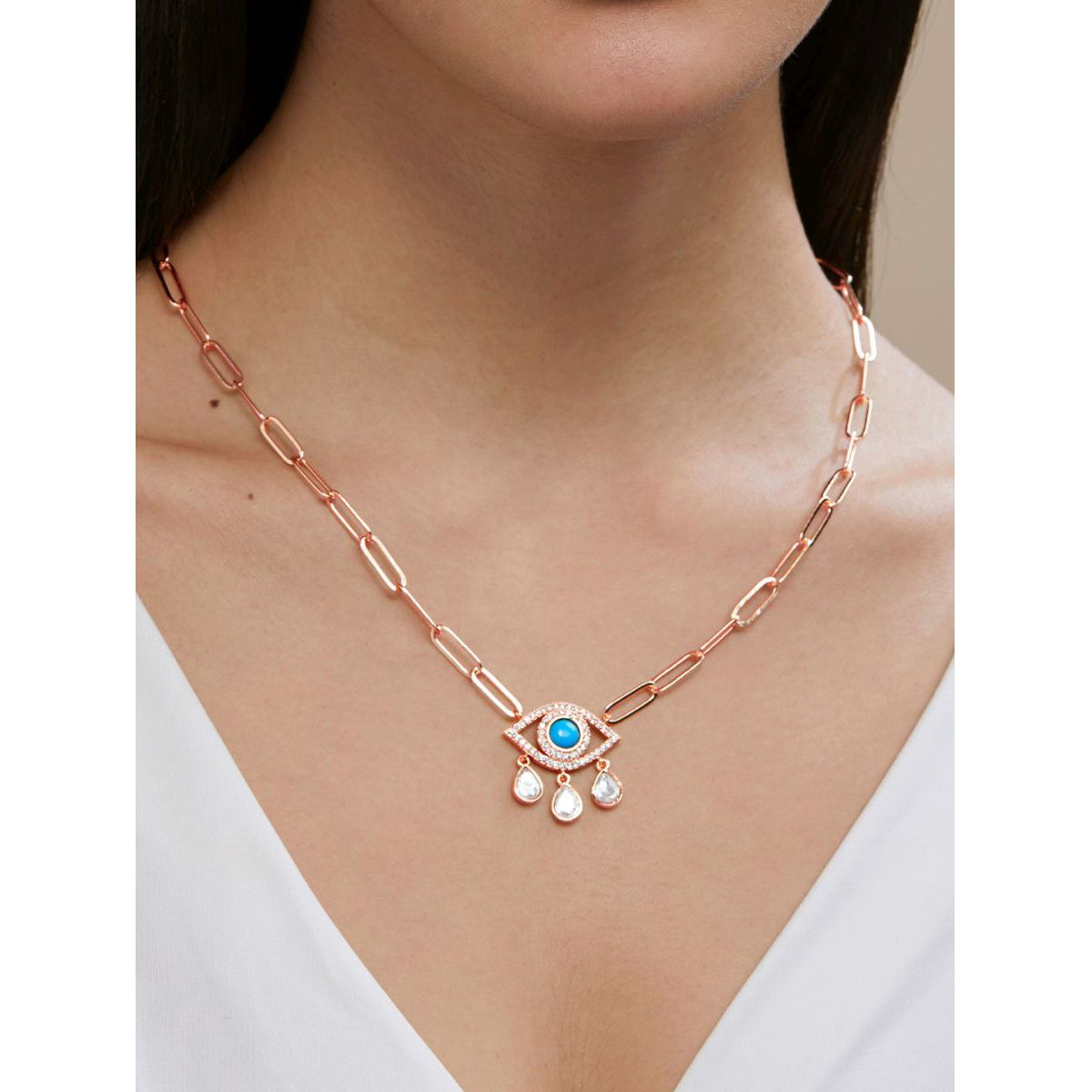Copper Evil Eye Cubic Zirconia Gold Link Pendant Chain Necklace Bulk