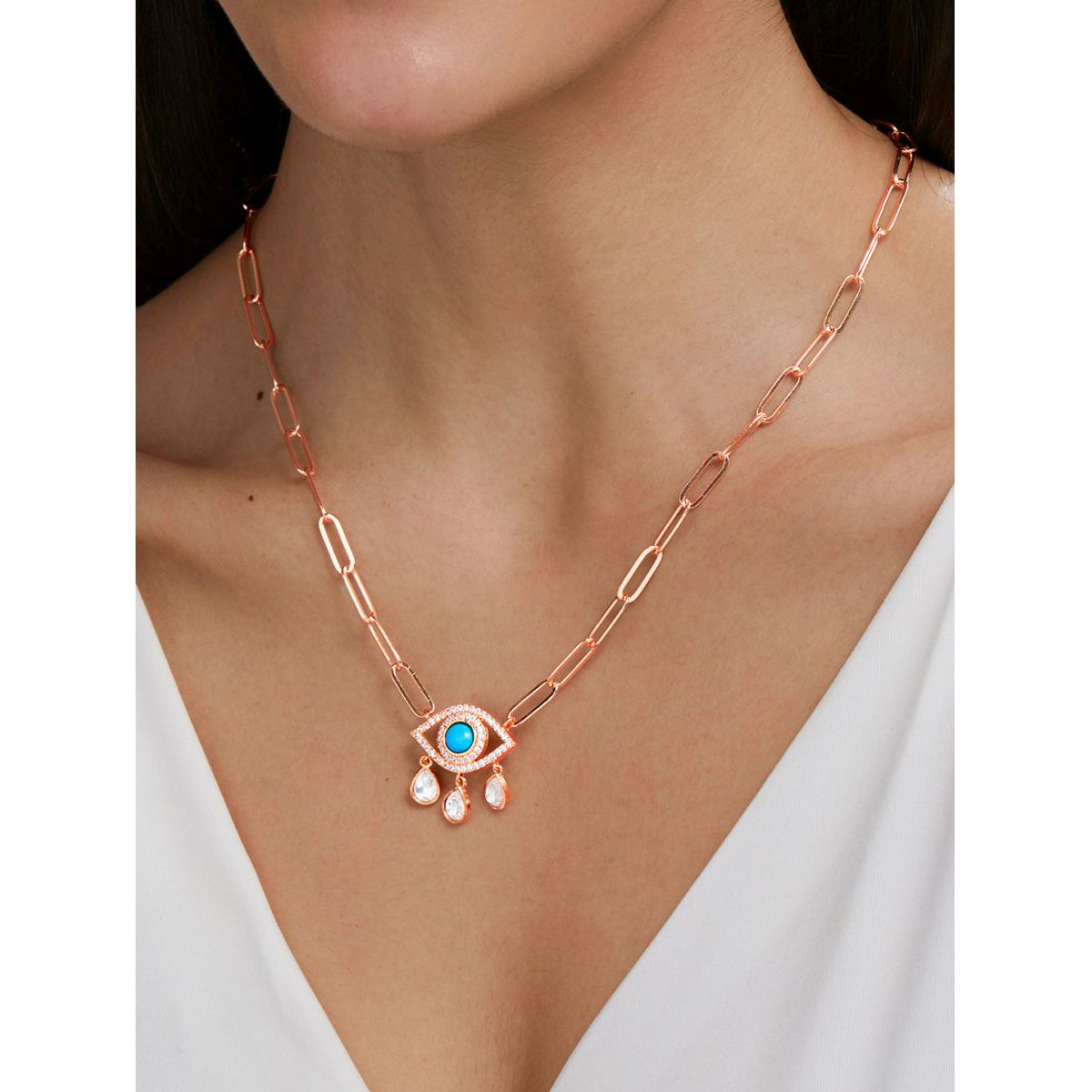 Copper Evil Eye Cubic Zirconia Gold Link Pendant Chain Necklace Bulk