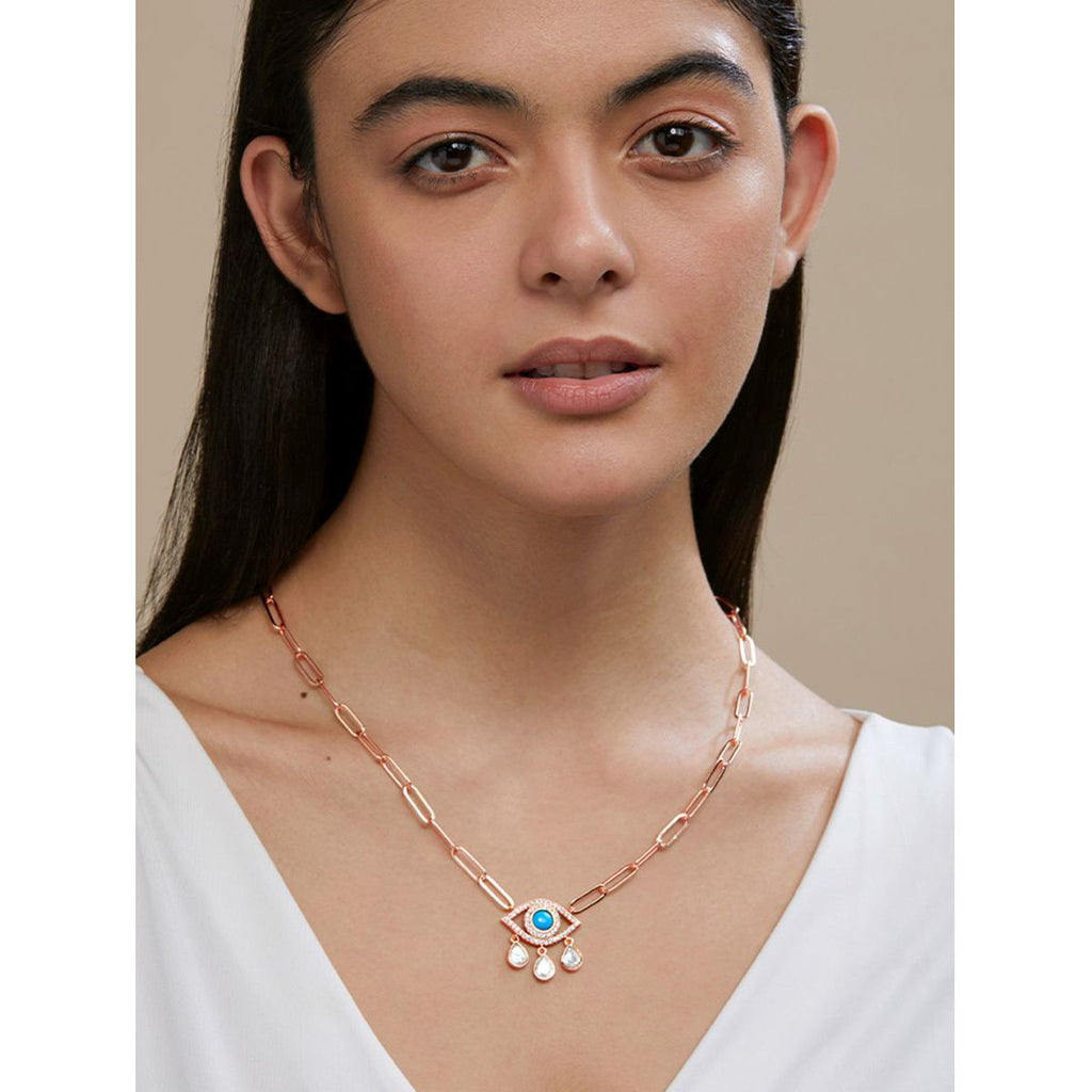 Copper Evil Eye Cubic Zirconia Gold Link Pendant Chain Necklace Bulk