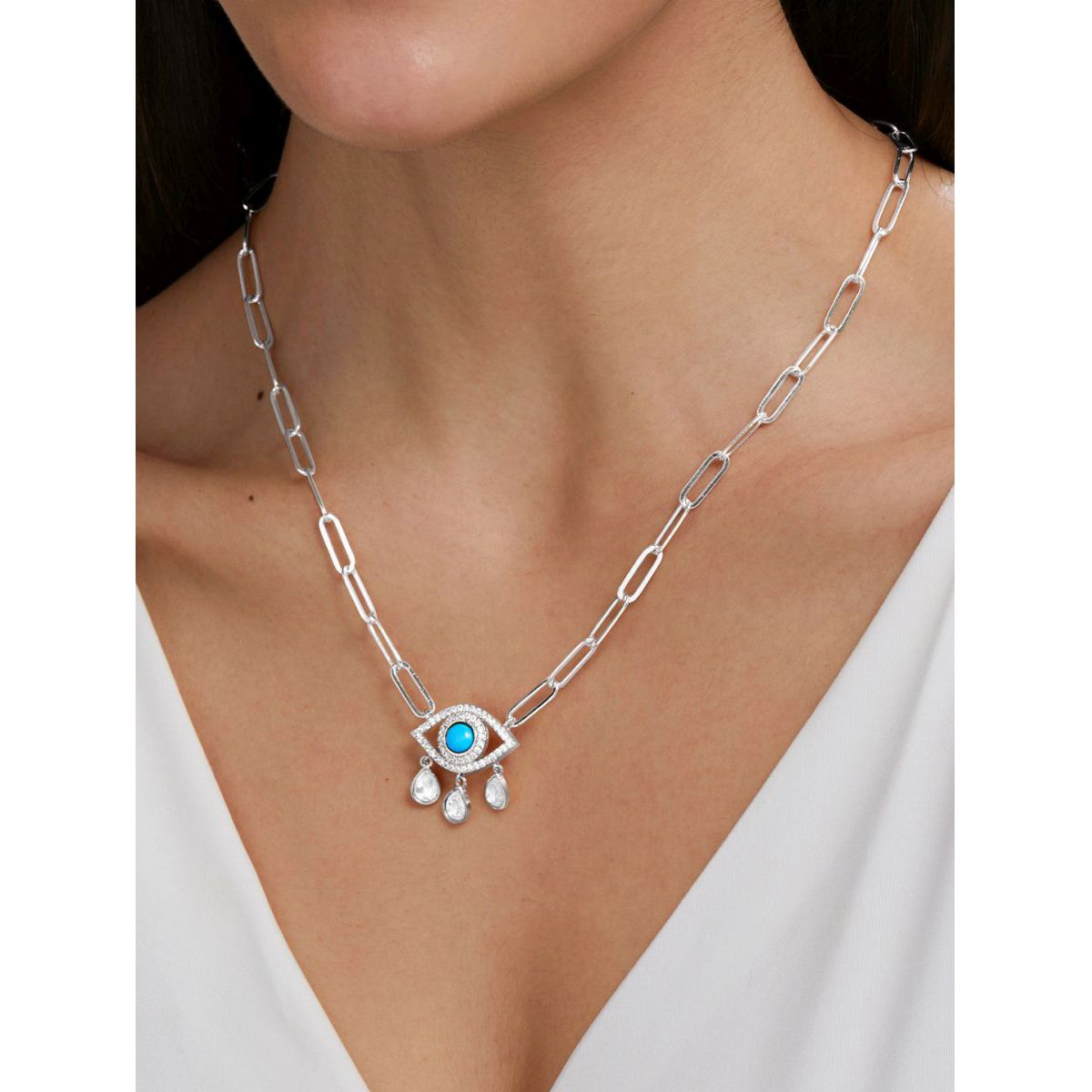 Copper Evil Eye Cubic Zirconia Gold Link Pendant Chain Necklace Bulk
