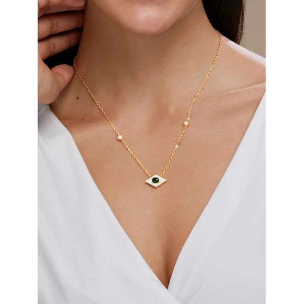 Copper Evil Eye Rhombus Cubic Zirconia Emerald Green Gold Link Pendant Chain Necklace For Women Main image