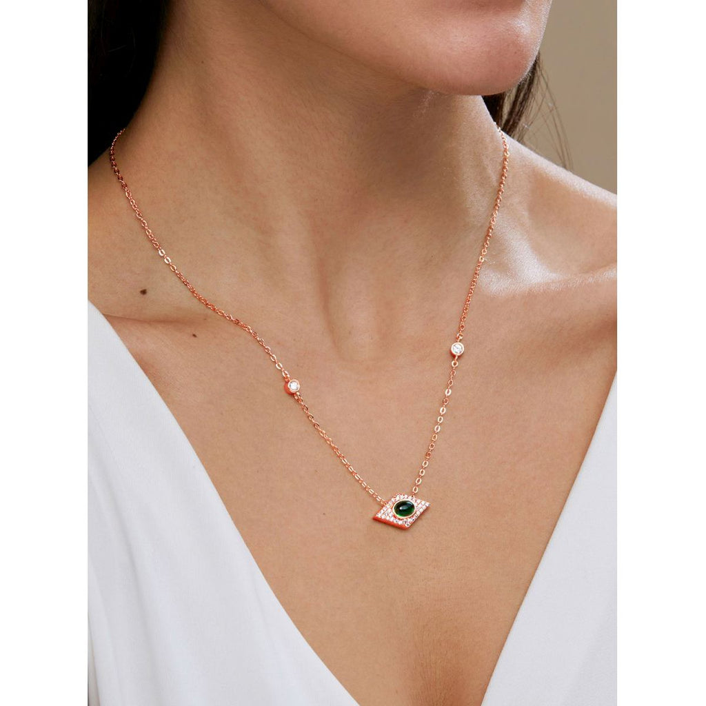 Copper Evil Eye Rhombus Cubic Zirconia Emerald Green Gold Link Pendant Chain Necklace For Women