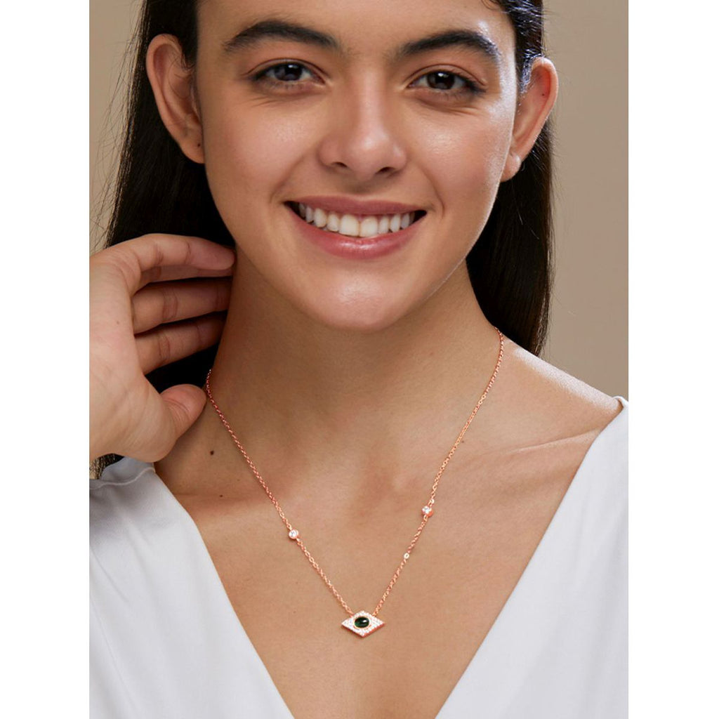 Copper Evil Eye Rhombus Cubic Zirconia Emerald Green Gold Link Pendant Chain Necklace For Women