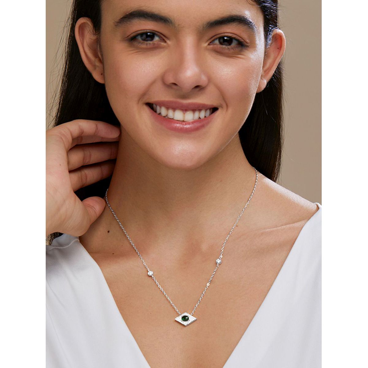 Copper Evil Eye Rhombus Cubic Zirconia Emerald Green Gold Link Pendant Chain Necklace For Women