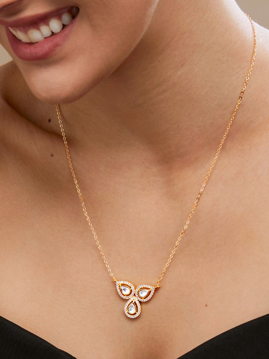 Copper Flower Kundan CZ Gold Link Pendant Chain Necklace Bulk