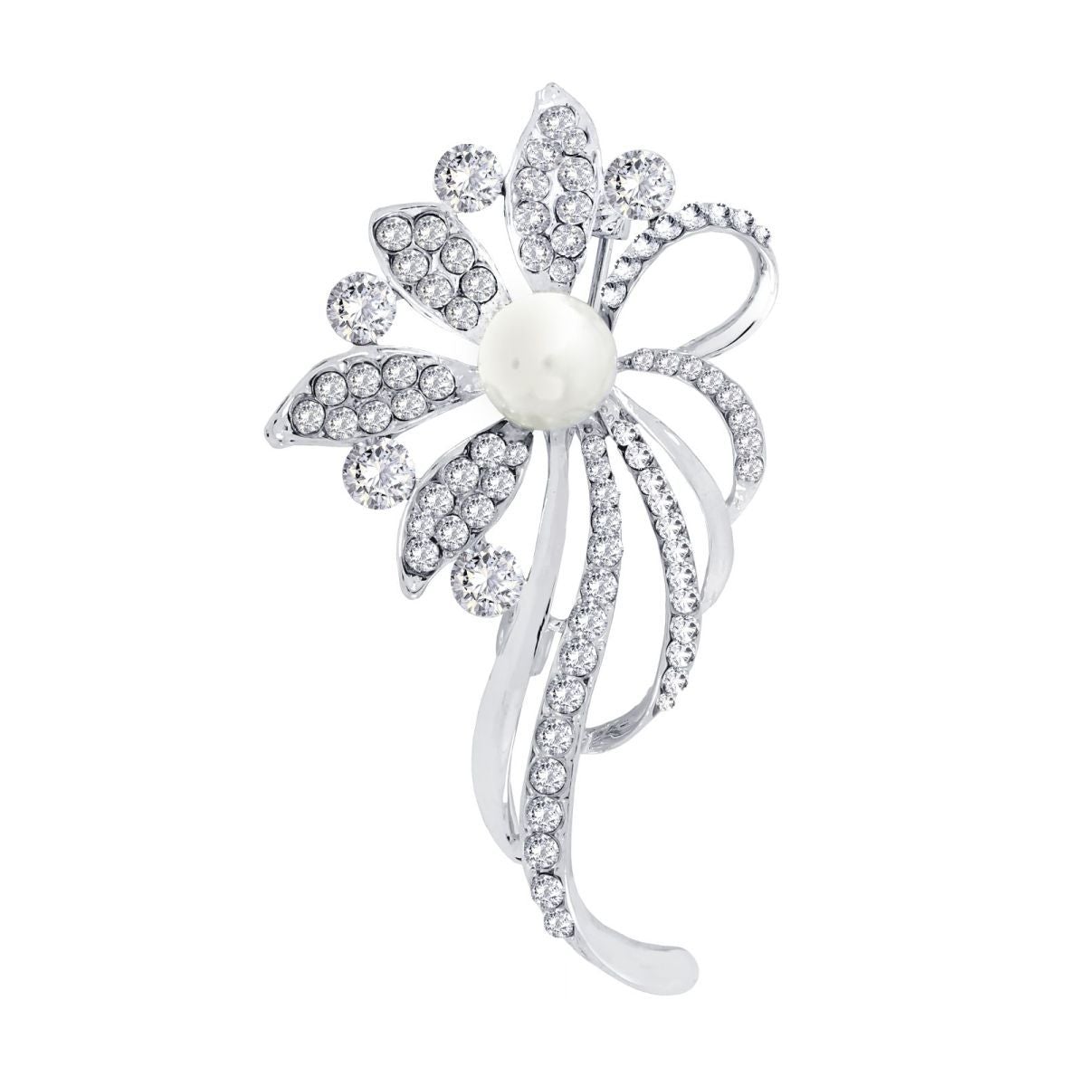 Flower Bouquet Ad Cz Crystal Pearl Silver Brooch Badge Pin Needle