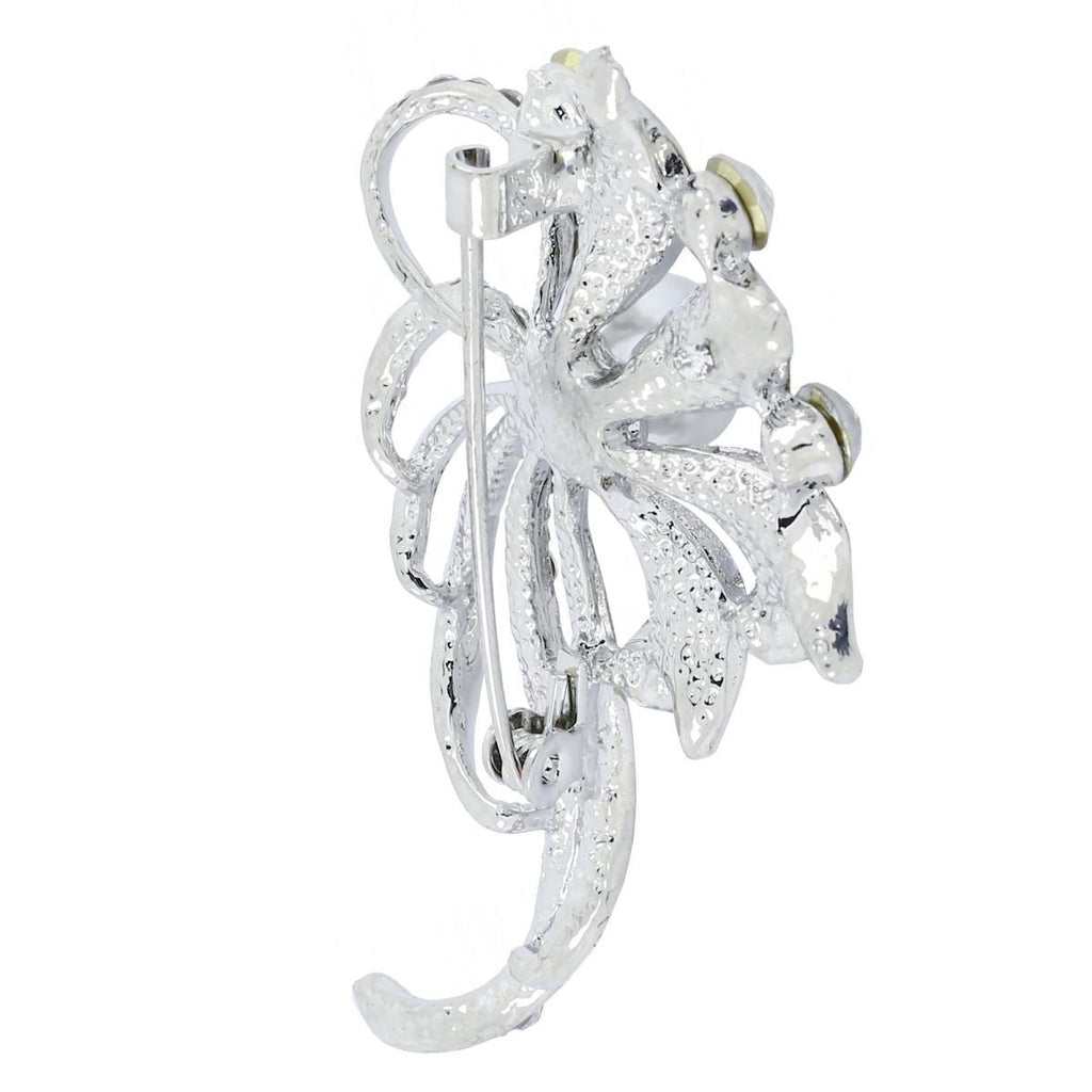 Flower Bouquet Ad Cz Crystal Pearl Silver Brooch Badge Pin Needle