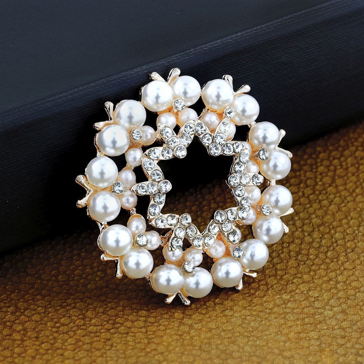 Star Flower Ad Cz Crystal Pearl Rose Pink Gold Brooch Badge Pin Needle