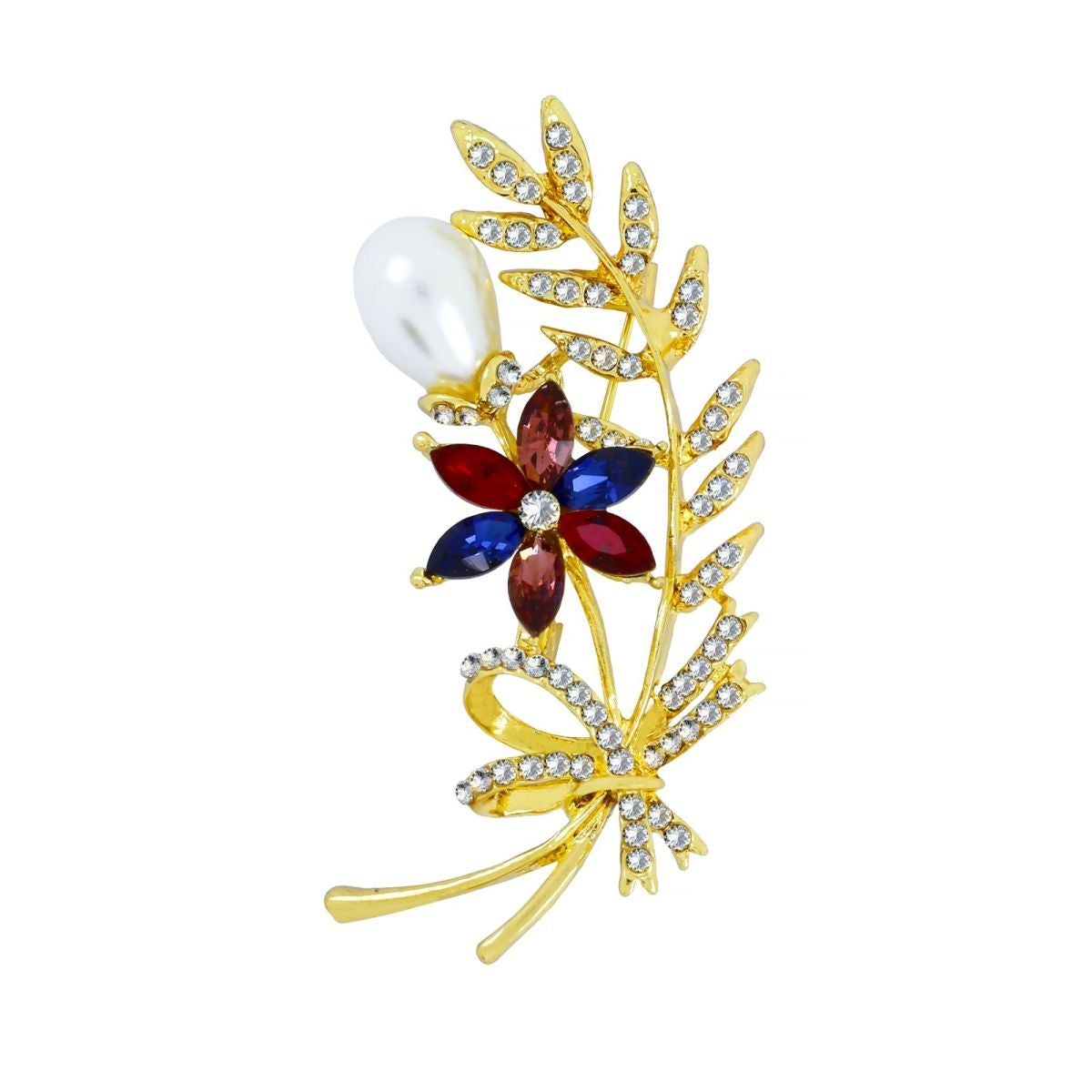 Flower Leaf Bouquet Ad Cz Crystal Pearl Silver Brooch Badge Pin Needle Secondary image