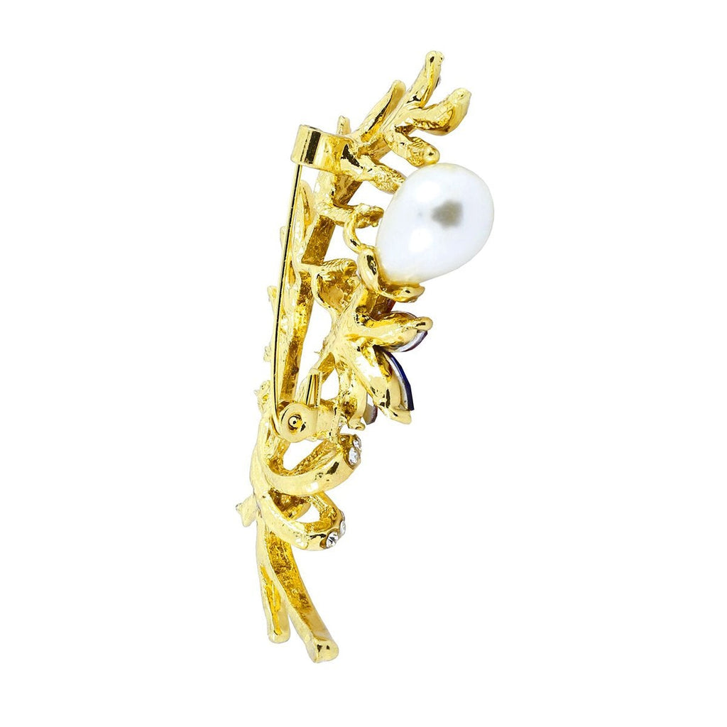 Flower Leaf Bouquet Ad Cz Crystal Pearl Silver Brooch Badge Pin Needle