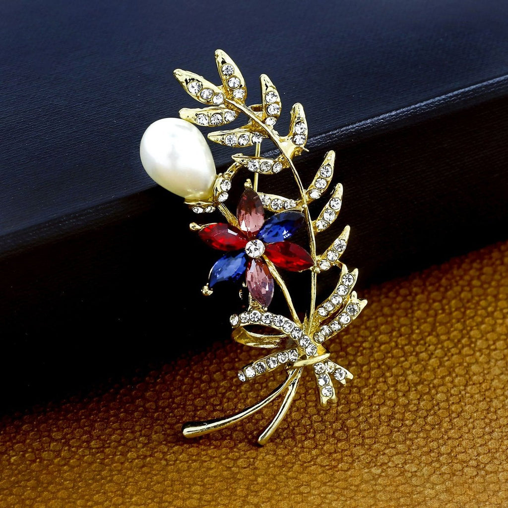 Flower Leaf Bouquet Ad Cz Crystal Pearl Silver Brooch Badge Pin Needle