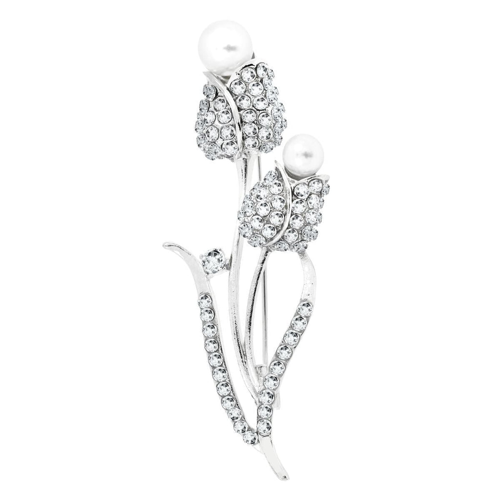Flower Bouquet CZ Pearl Rhodium Brass Brooch Badge Pin Needle Bulk