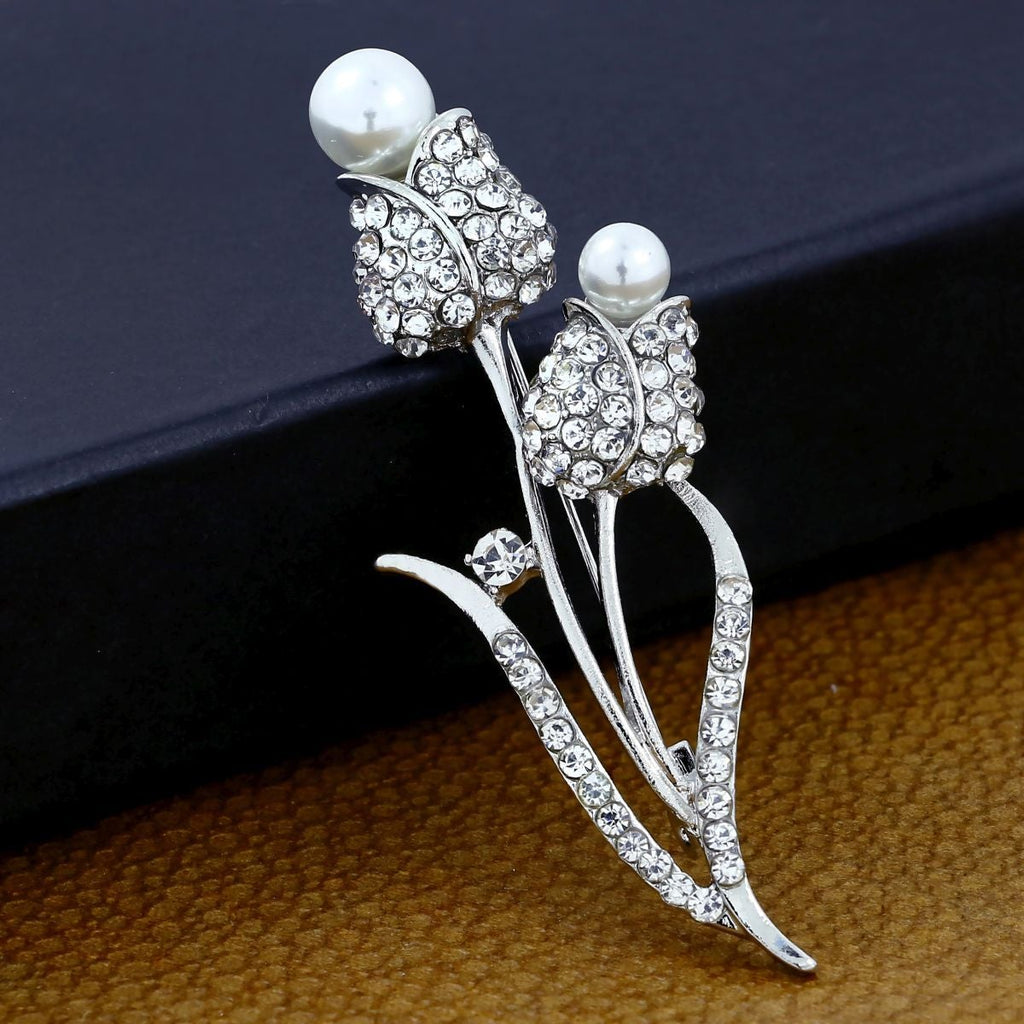Flower Bouquet CZ Pearl Rhodium Brass Brooch Badge Pin Needle Bulk