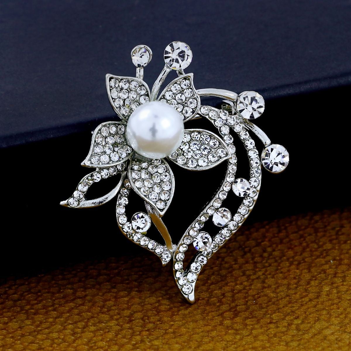 Flower Bouquet CZ Pearl Rhodium Brass Brooch Badge Pin Needle Bulk